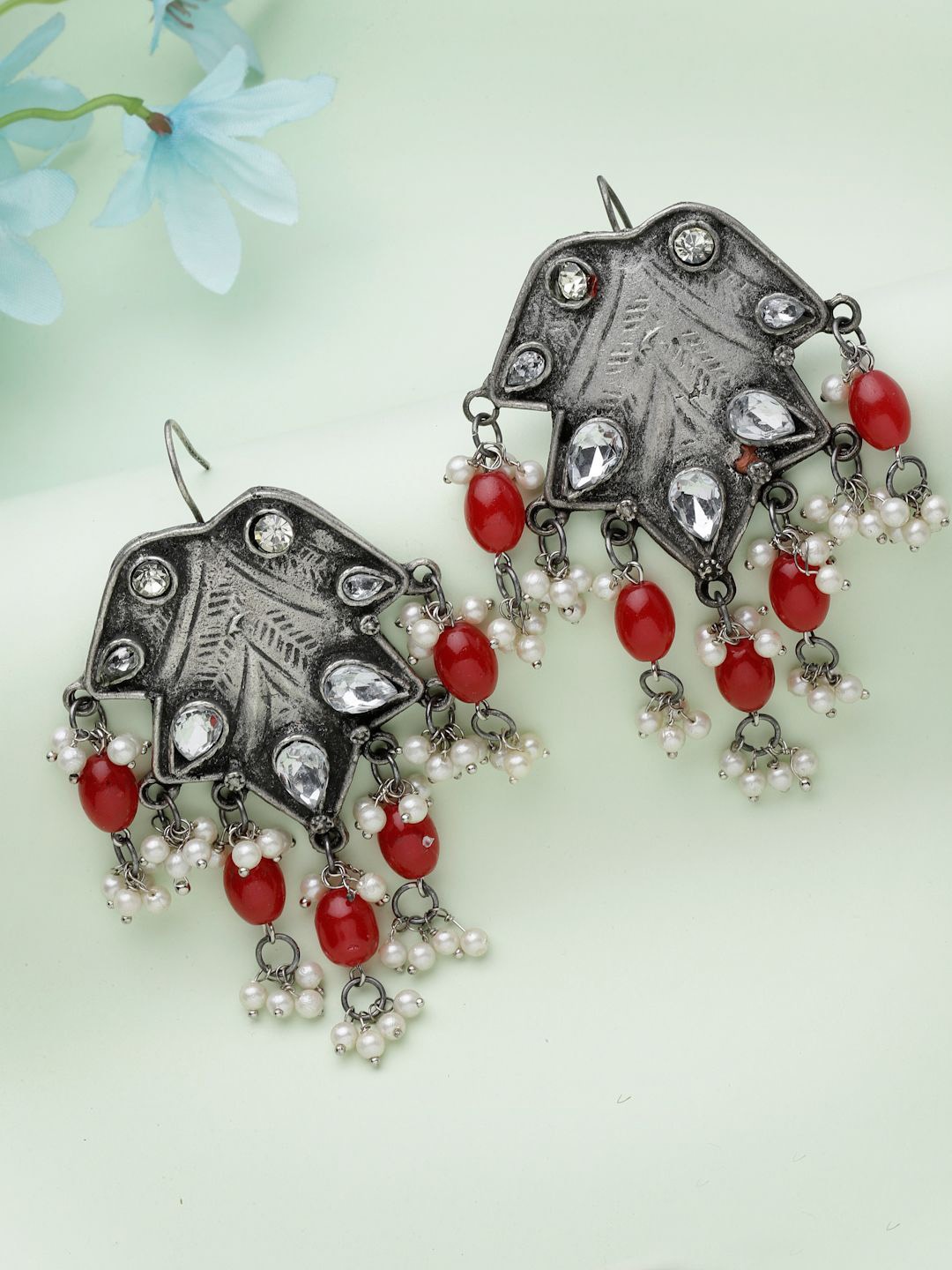 

Moedbuille Silver-Plated Stones Studded & Pearls Beaded Contemporary Drop Earrings