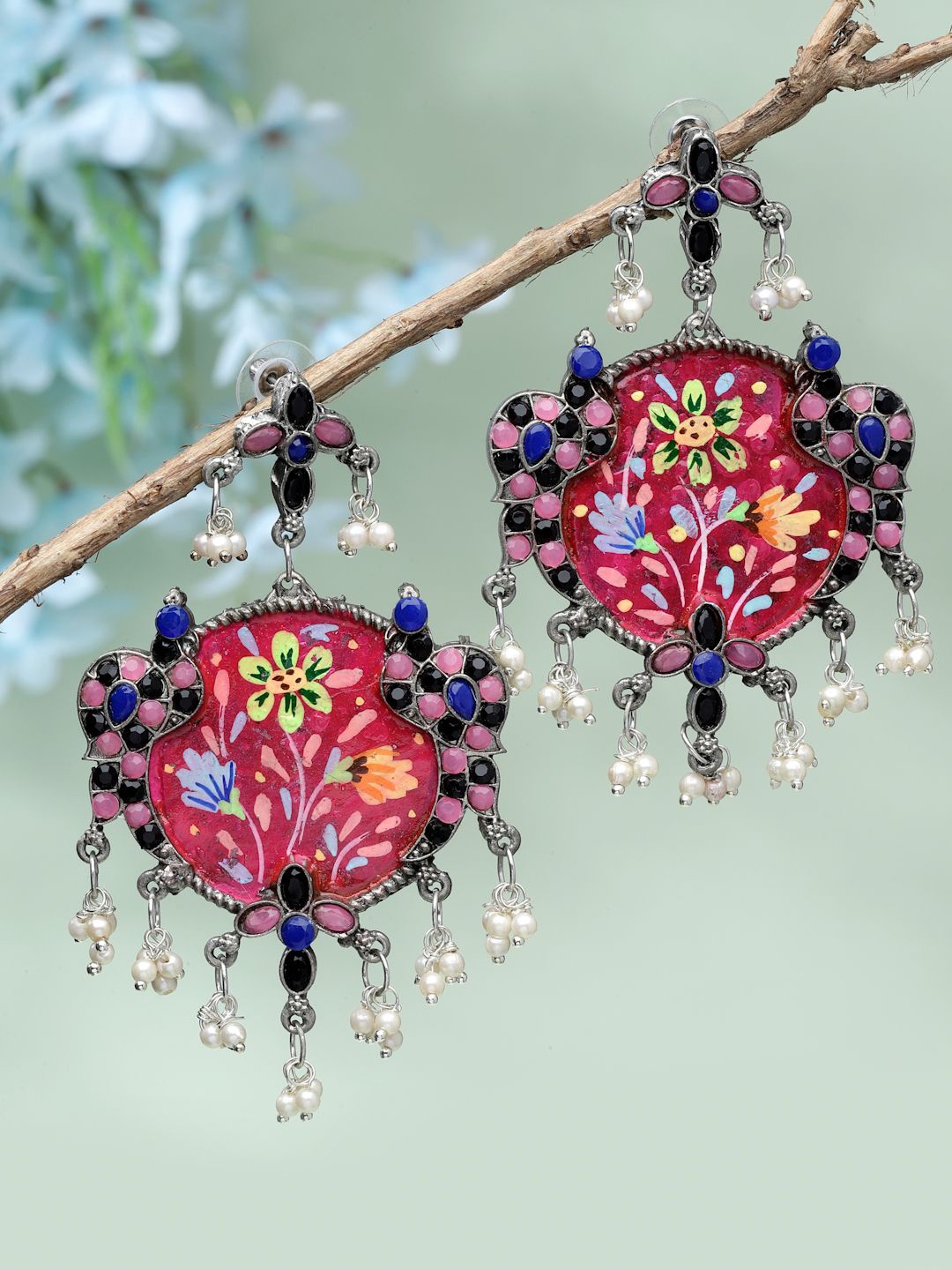 

Moedbuille Silver-Plated Crystals Studded & Beaded Peacock Shaped Drop Earrings