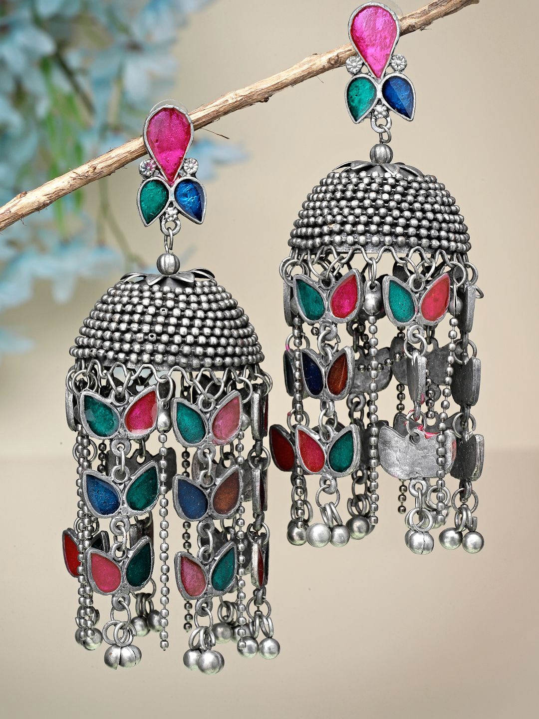 

Moedbuille Silver Plated Dome Shaped Artificial Stones Studded Oxidised Jhumkas, Grey