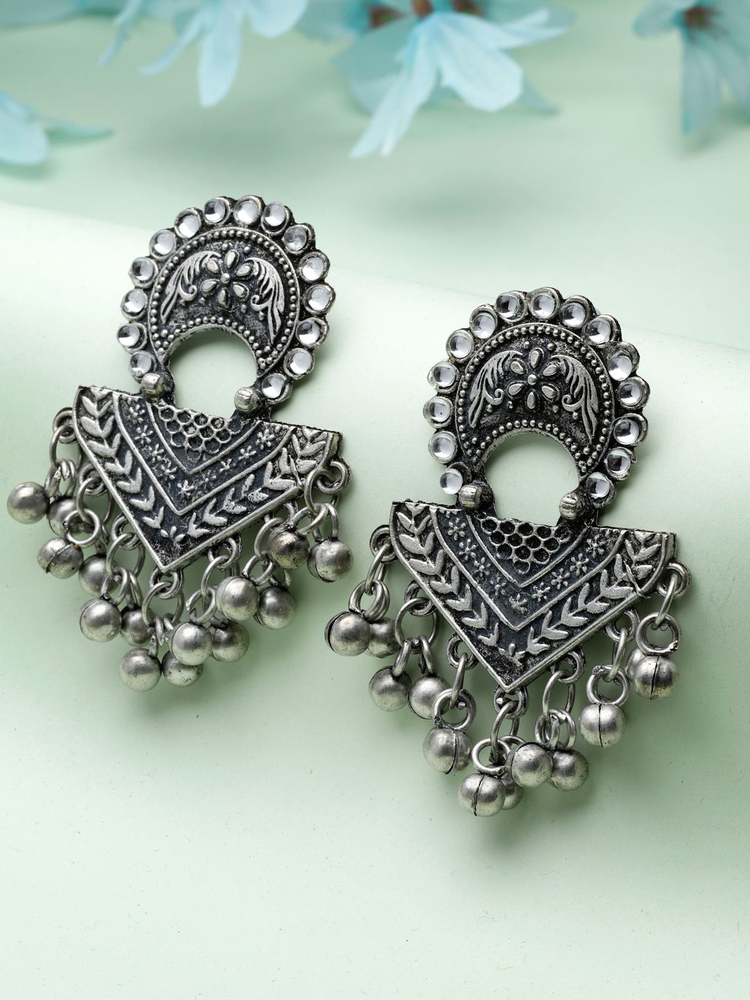 

Moedbuille Silver-Plated Crystals Studded Contemporary Oxidised Drop Earrings