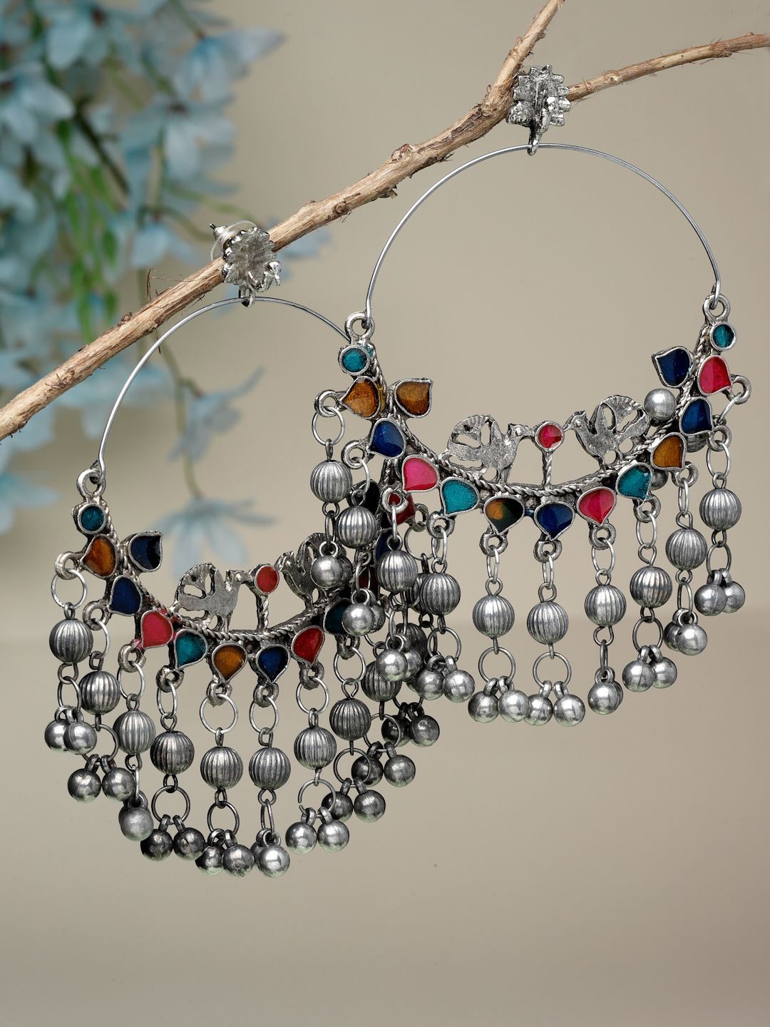 

Moedbuille Silver-Plated Stones Studded & Beaded Tasselled Contemporary Hoop Earrings