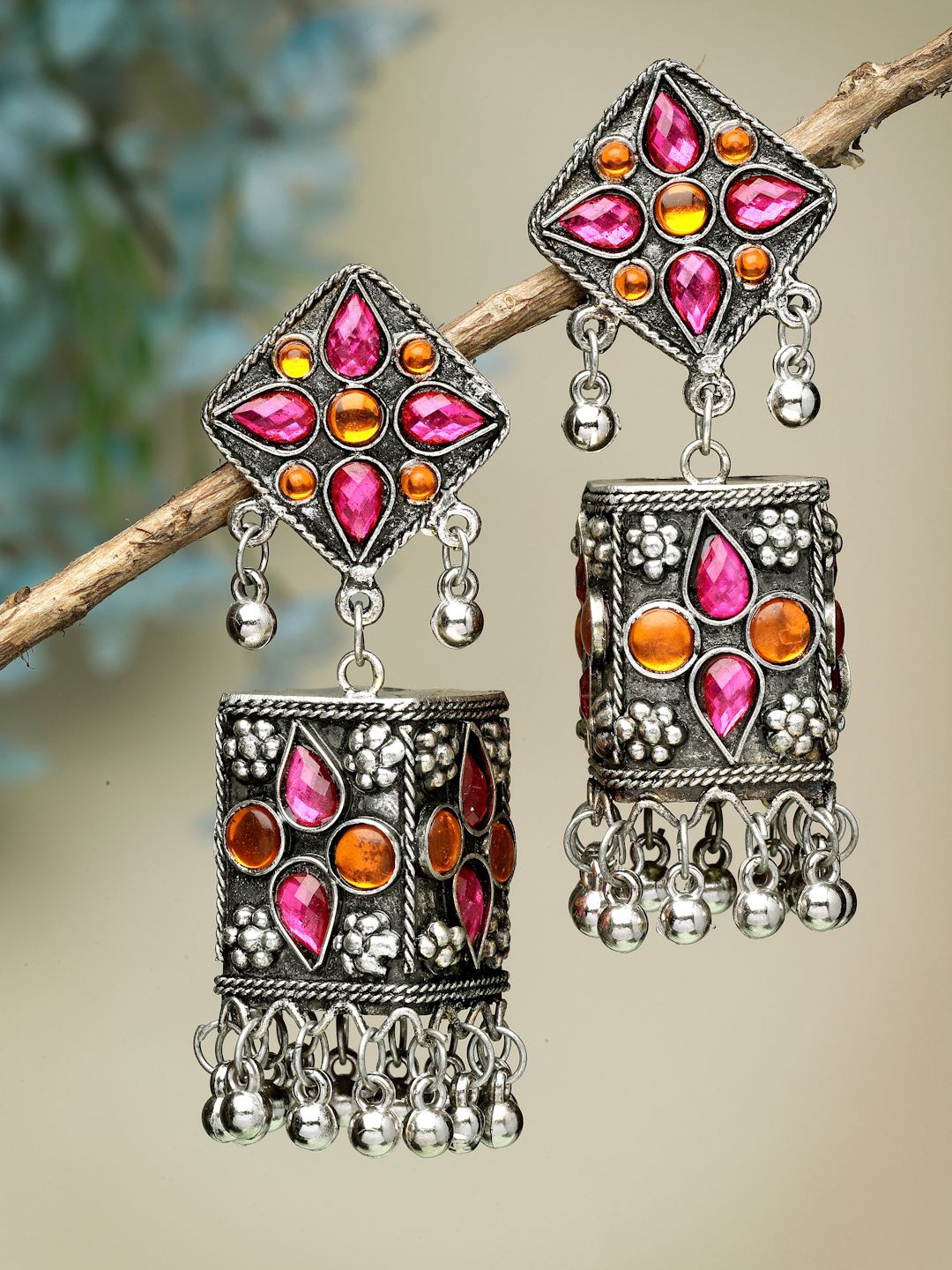 

Moedbuille Silver-Plated Crystals Studded Dome Shaped Jhumkas