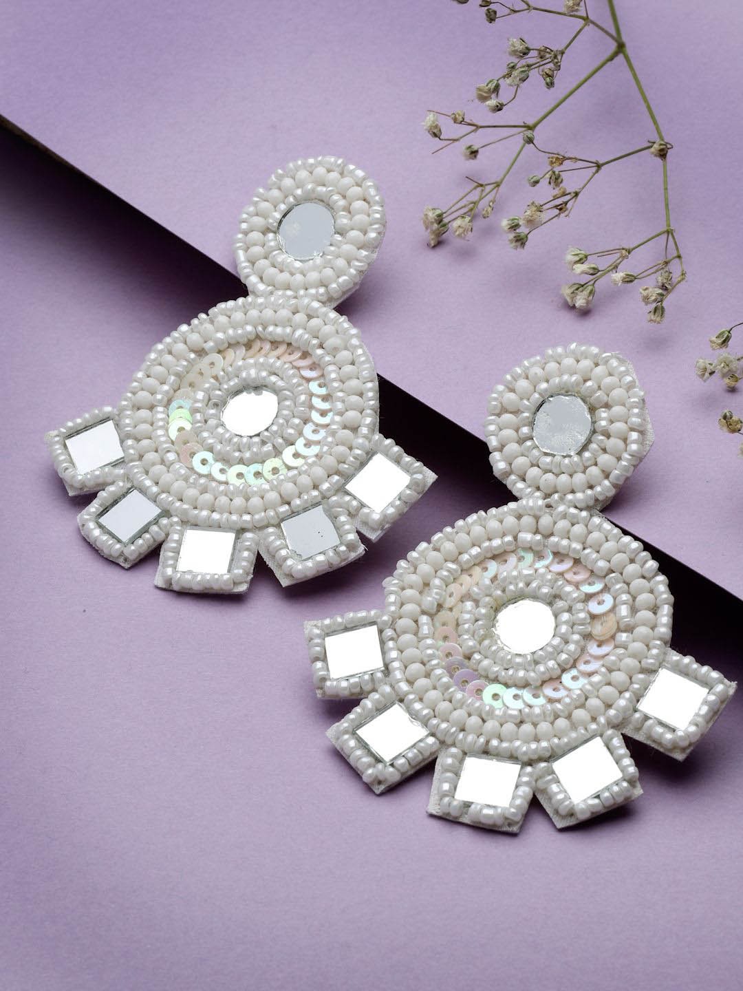 

Moedbuille Silver-Plated Mirrors Beaded Contemporary Drop Earrings