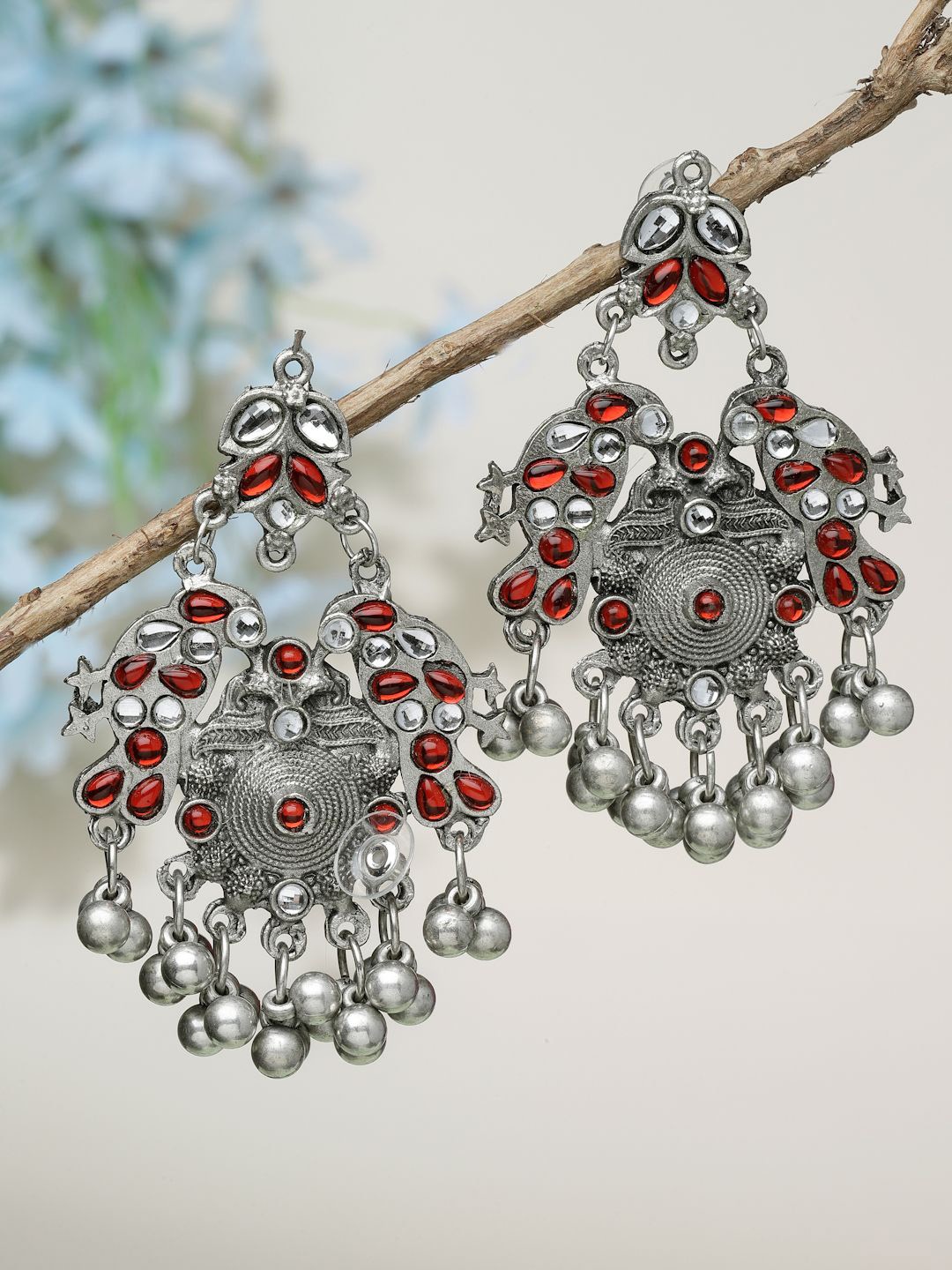 

Moedbuille Silver Plated Stones & Ghungroo Studded Oxidised Antique Drop Earrings, Red