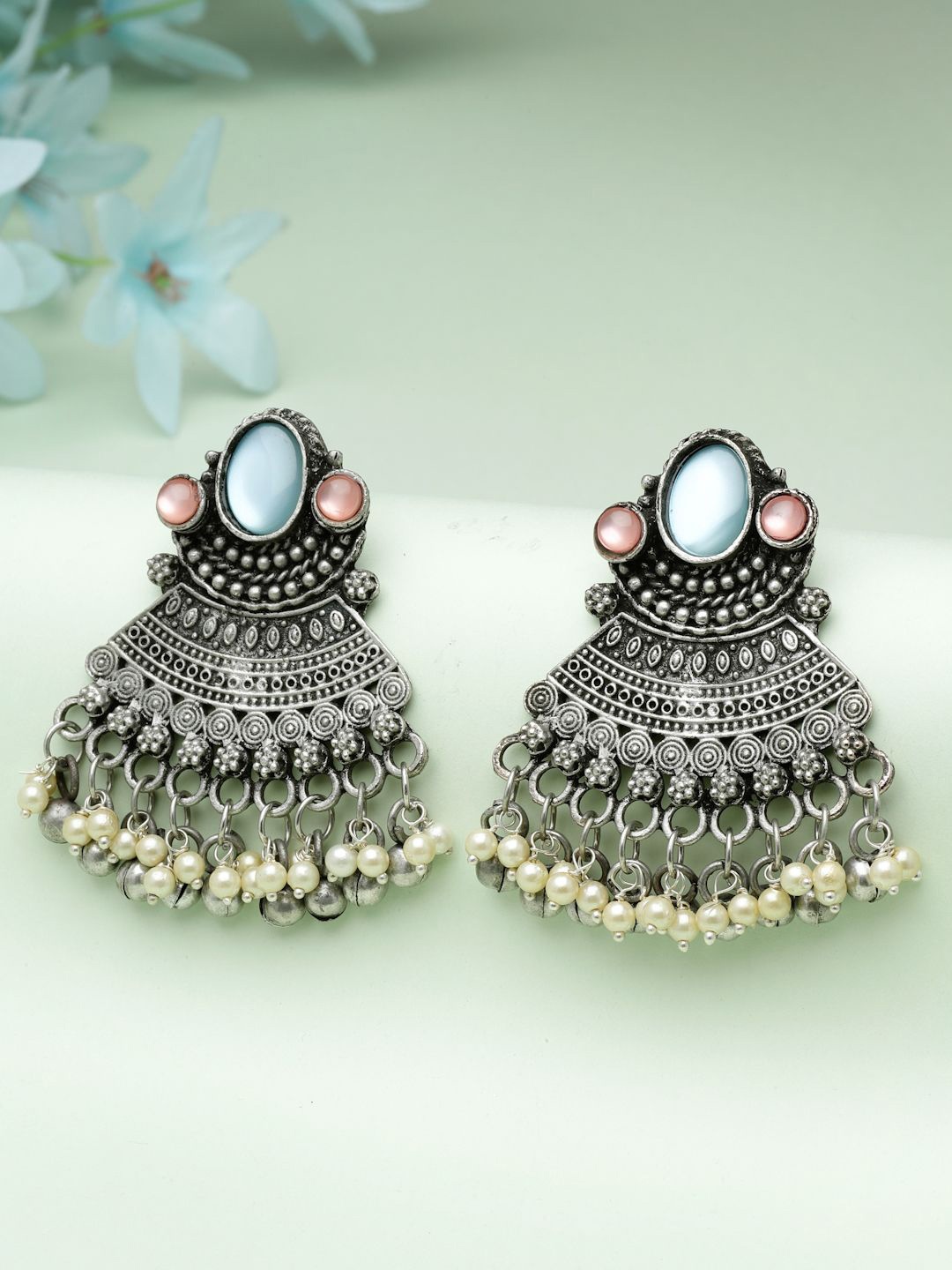 

Moedbuille Silver-Plated Dome Shaped Crystals Oxidised Jhumkas Earrings