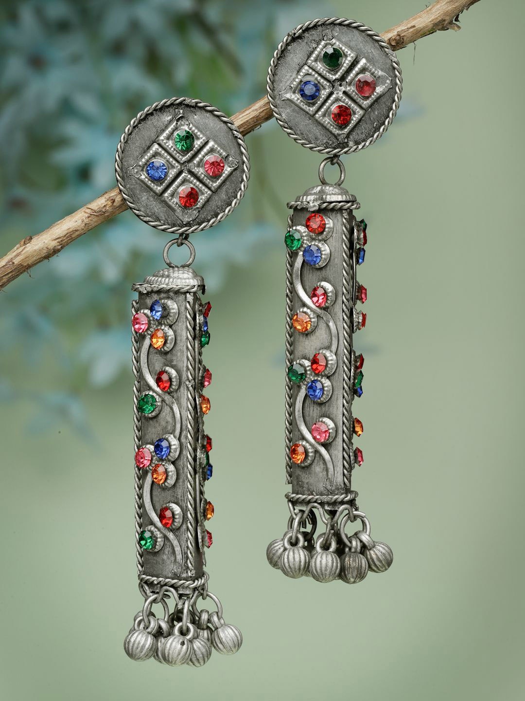 

Moedbuille Silver-Plated Crystals Studded & Beaded Contemporary Drop Earrings