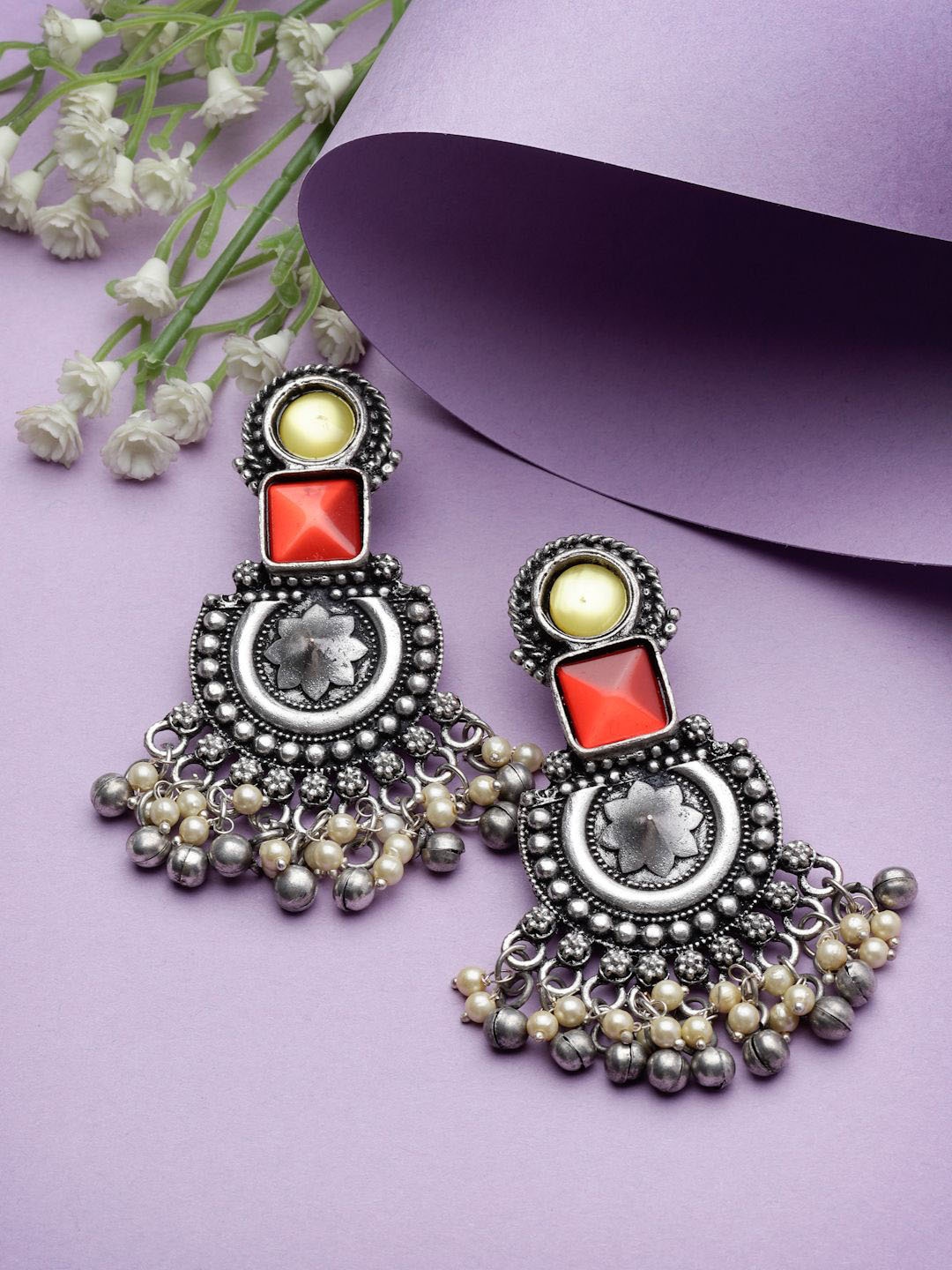 

Moedbuille Silver-Plated Crystals Studded & Pearls Beaded Contemporary Drop Earrings