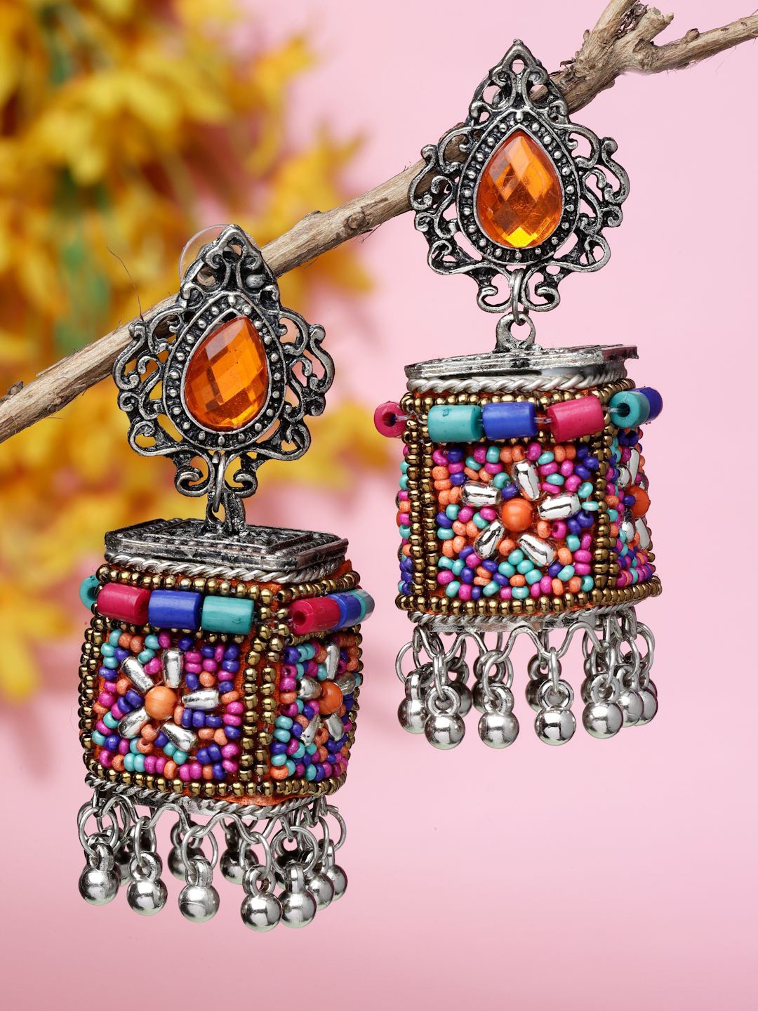 

Moedbuille Silver-Plated Crystals Studded & Beaded Afghan Design Oxidised Drop Earrings