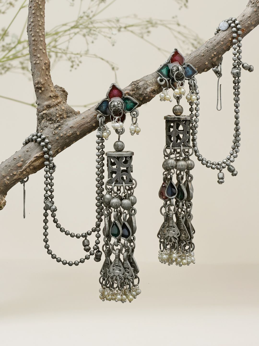

Moedbuille Silver-Plated Stones Studded & Beaded Contemporary Oxidised Drop Earrings