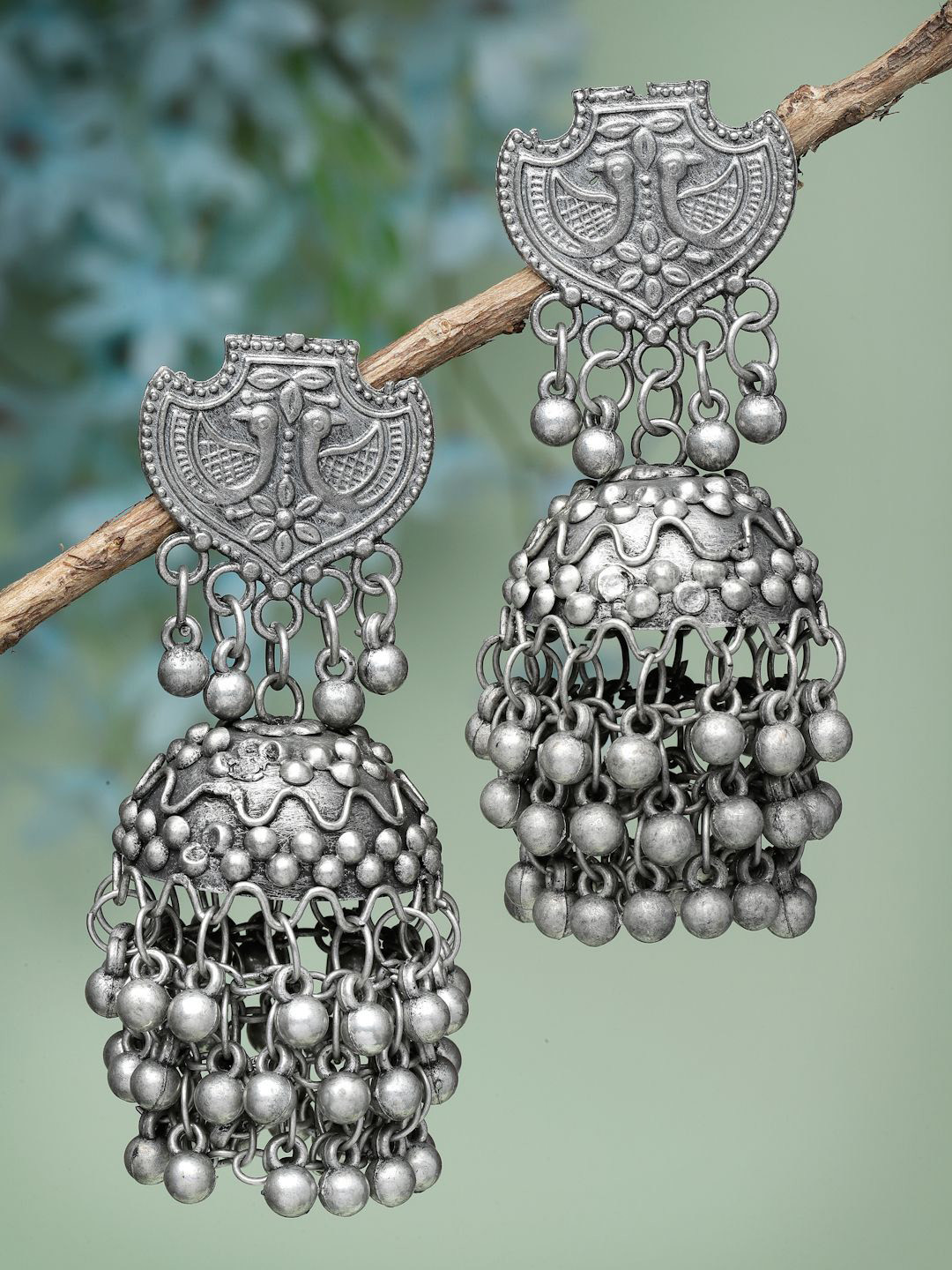 

Moedbuille Silver-Plated Beaded Dome Shaped Oxidised Jhumkas