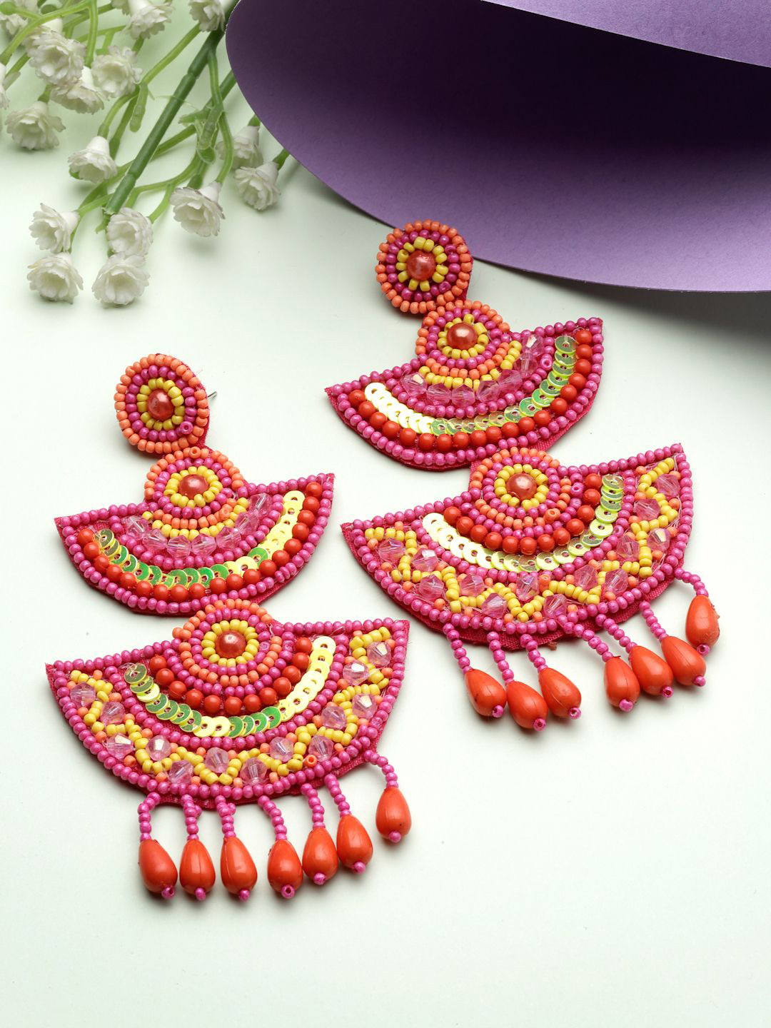 

Moedbuille Silver-Plated Beaded Crescent Shaped Drop Earrings