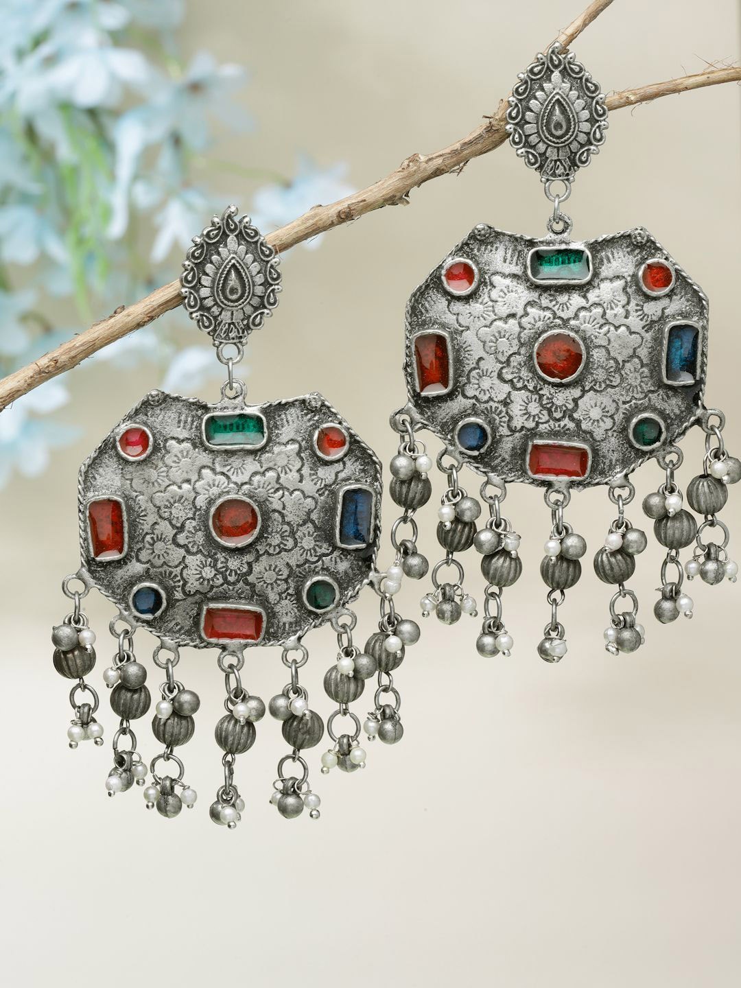 

Moedbuille Silver-Plated Stones Studded & Beaded Contemporary Drop Earrings