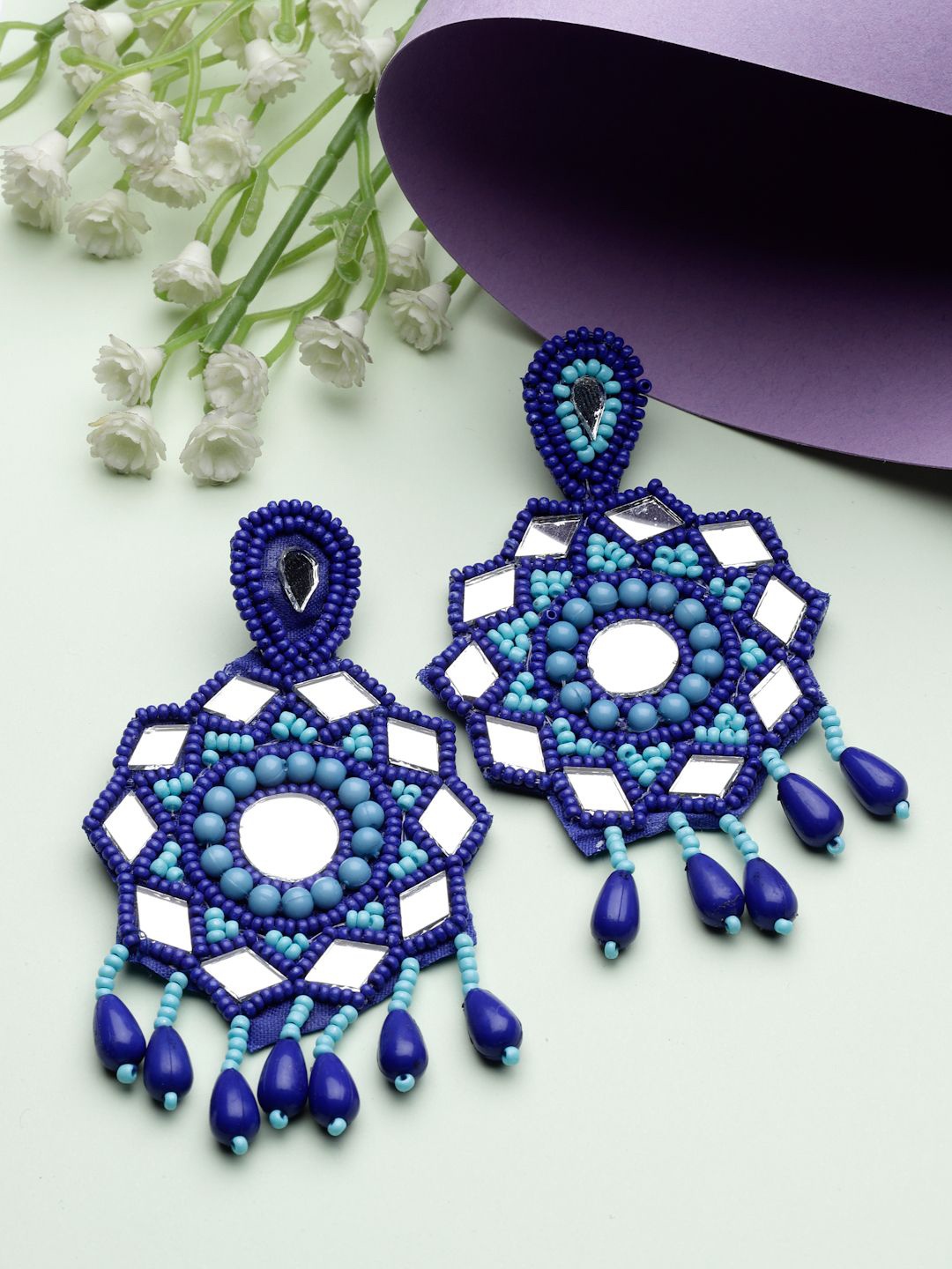 

Moedbuille Silver Plating Mirrors Beads & Sequins Studded Contemporary Drop Earrings, Blue