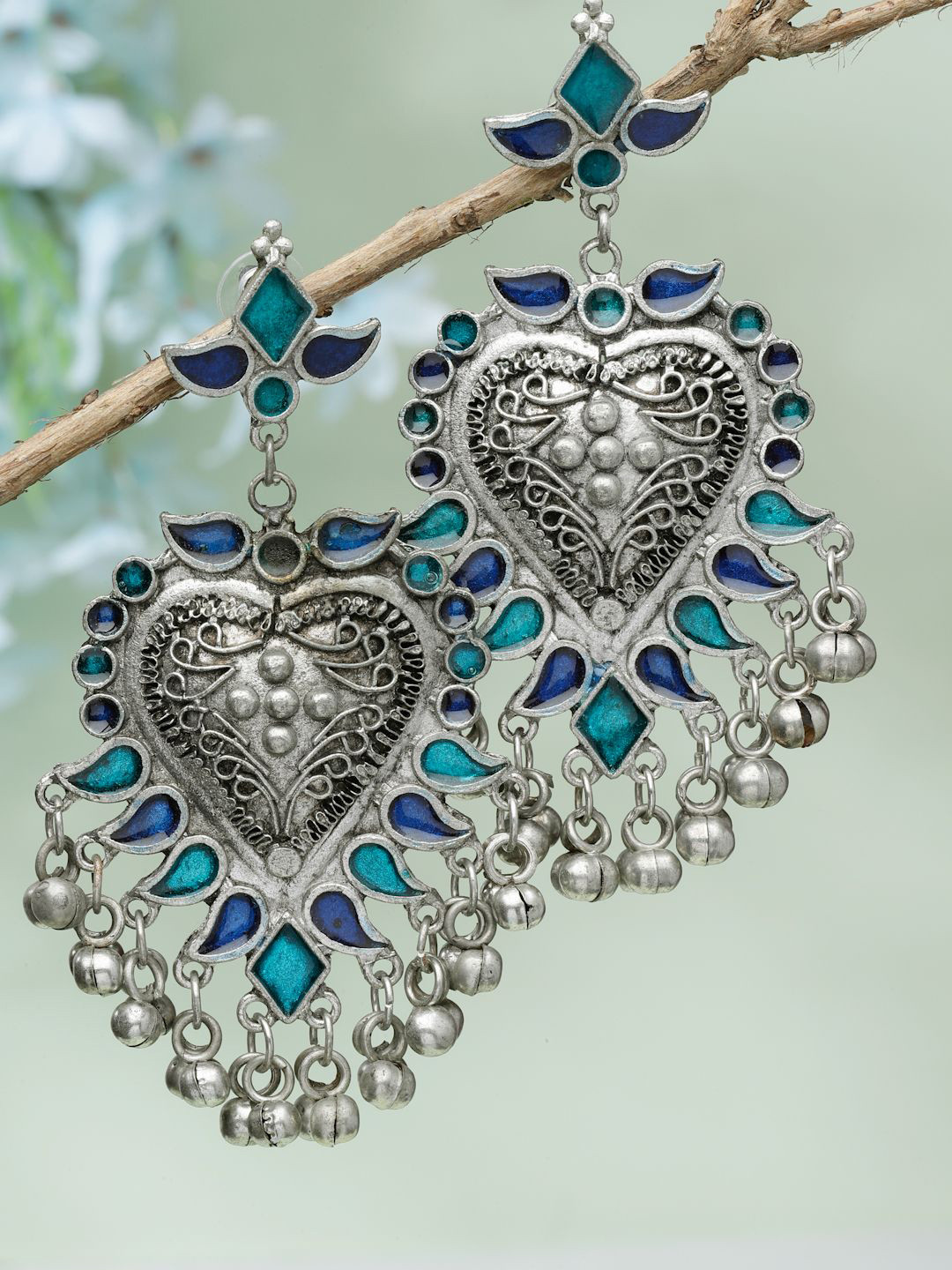 

Moedbuille Silver-Plated Stones Studded & Beaded Contemporary Oxidised Drop Earrings
