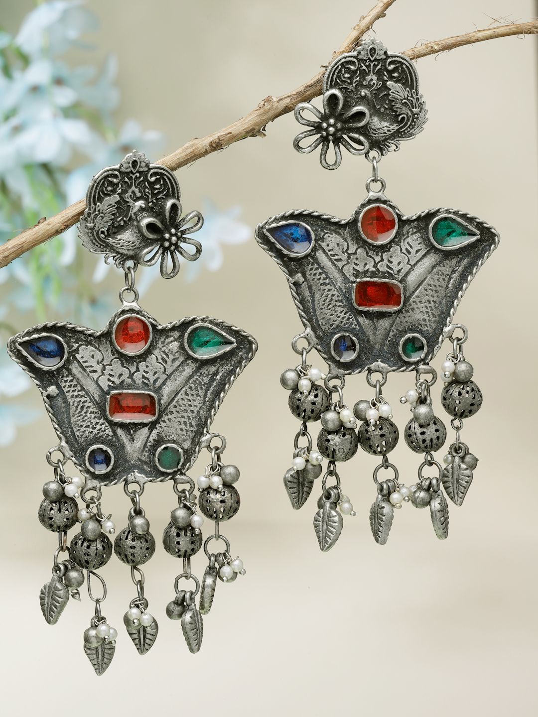 

Moedbuille Silver-Plated Stones Studded & Pearls Beaded Contemporary Drop Earrings