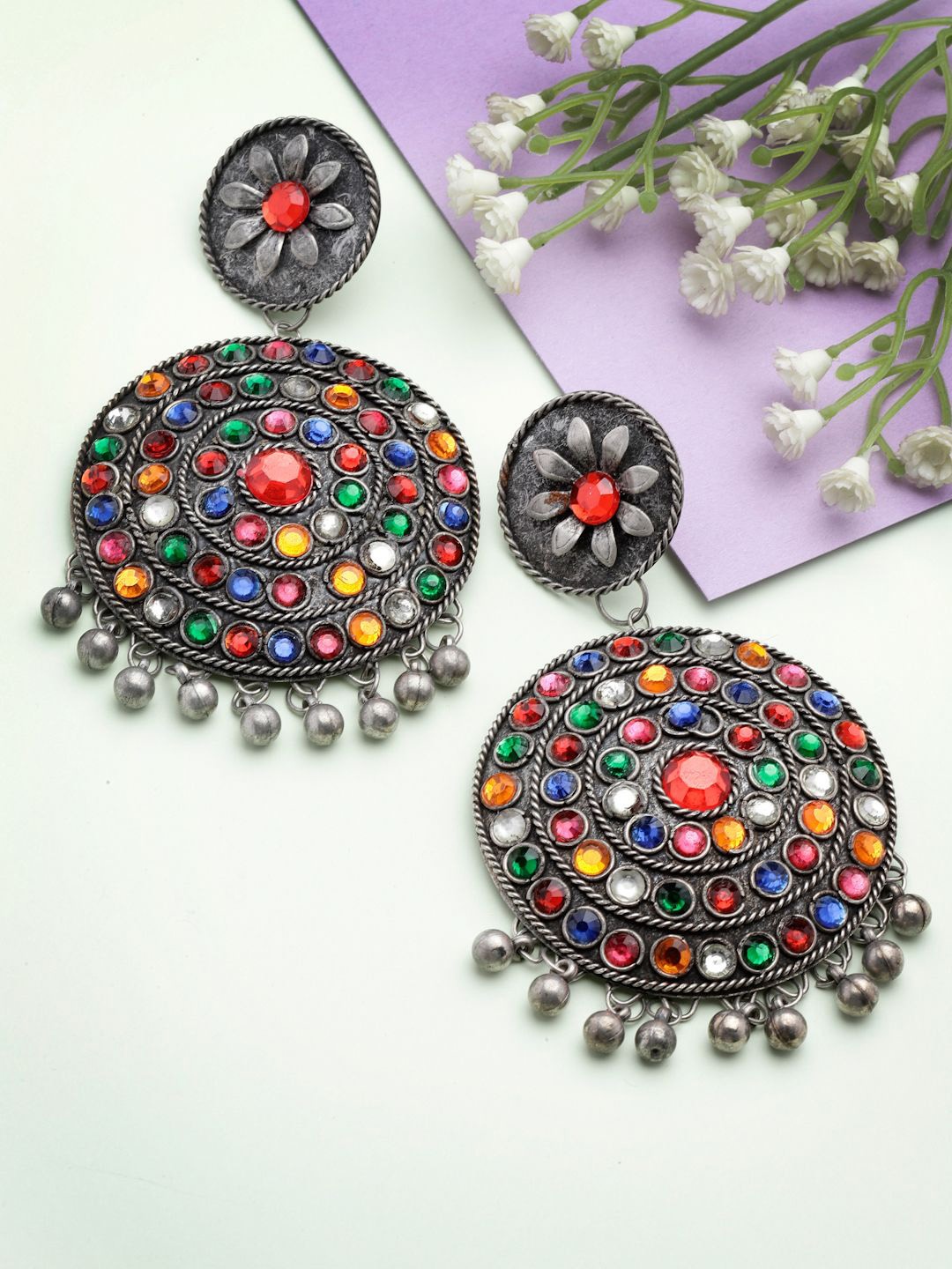 

Moedbuille Silver-Plated Crystals Studded Circular Drop Earrings