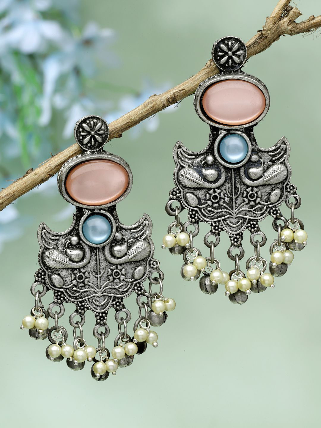 

Moedbuille Silver-Plated Crystals Studded & Pearls Beaded Contemporary Drop Earrings