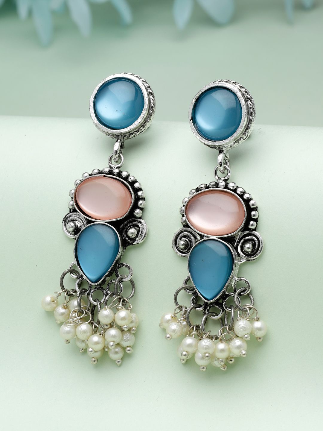 

Moedbuille Silver Plated Contemporary Mirrors & Pearls Studded Oxidised Drop Earrings, Turquoise blue