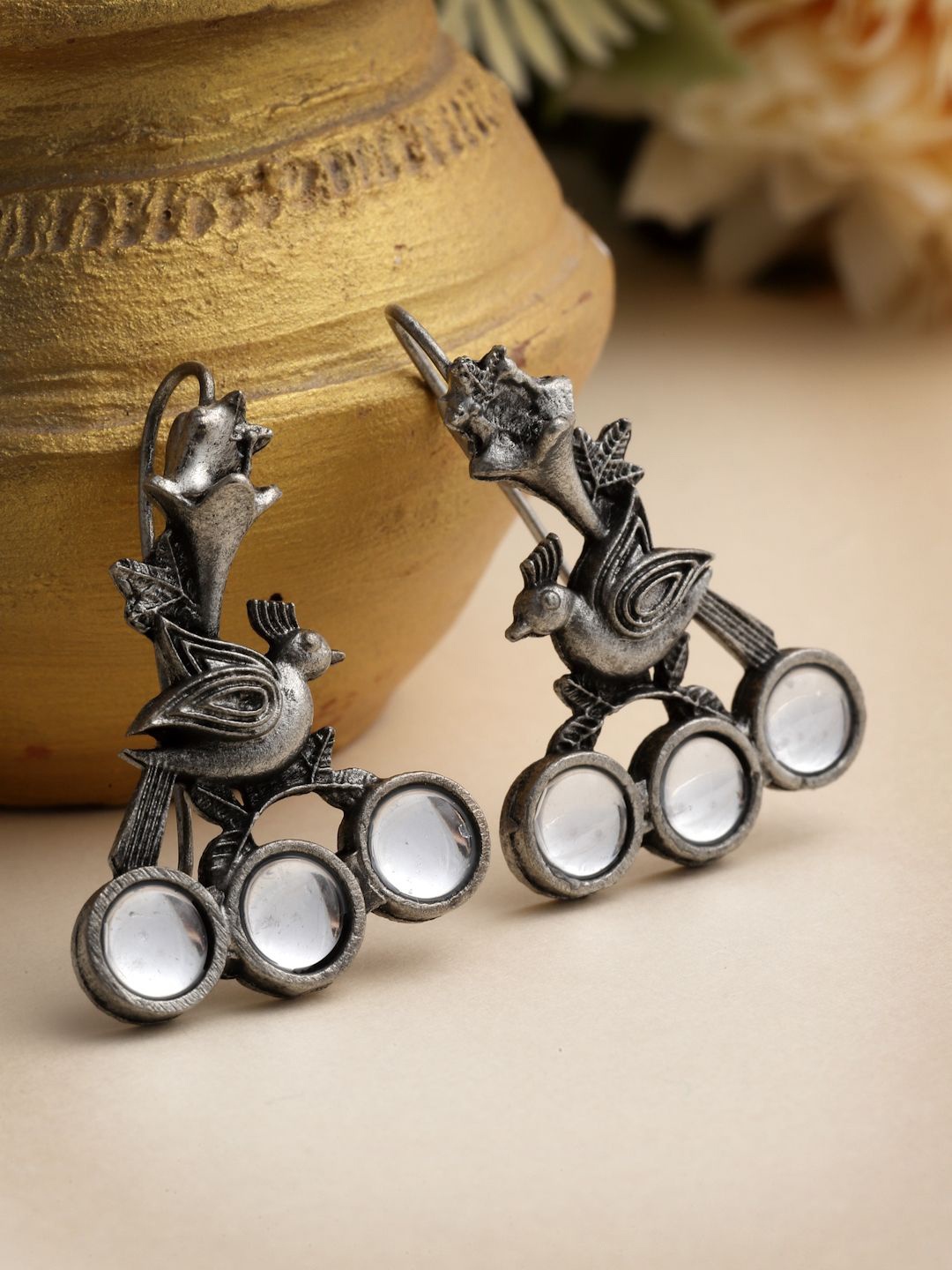 

Moedbuille Silver-Plated Peacock Shaped Crystals Half Hoop Earrings