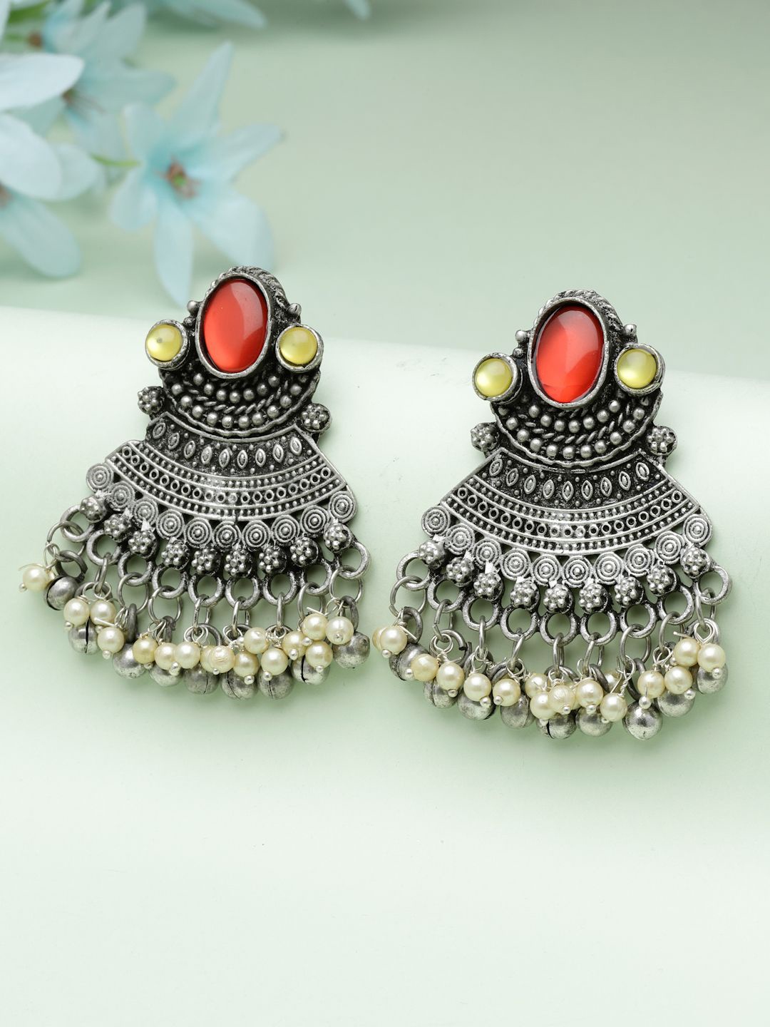 

Moedbuille Silver-Plated Crystals Studded & Pearls Beaded Contemporary Drop Earrings