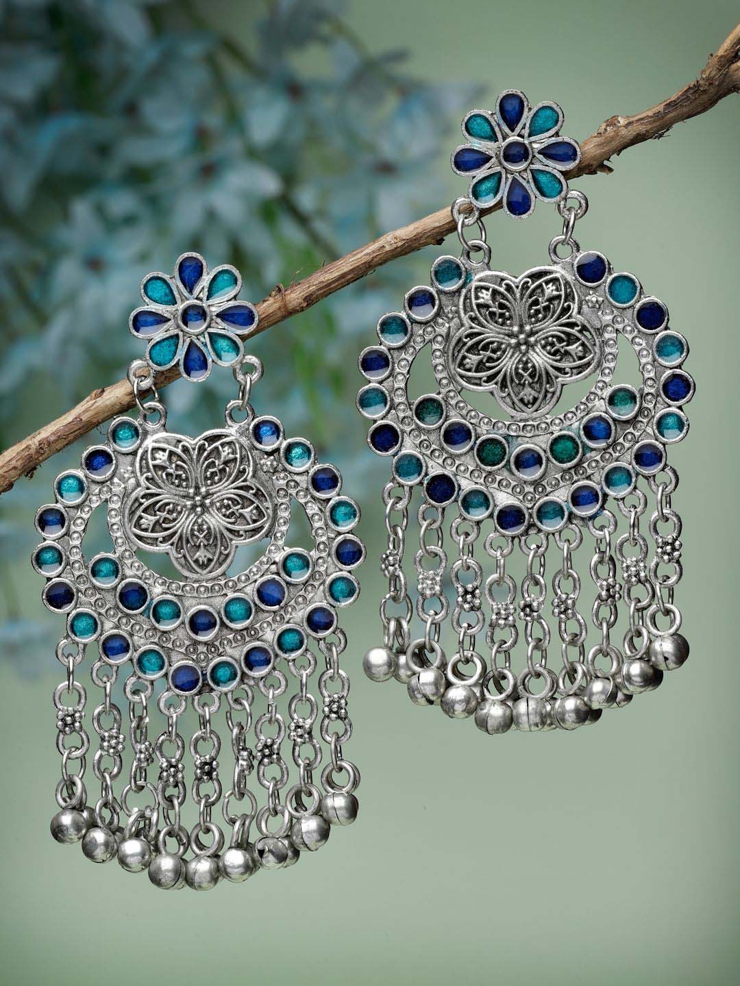 

Moedbuille Silver-Plated Stones Studded & Beaded Tasselled Contemporary Drop Earrings