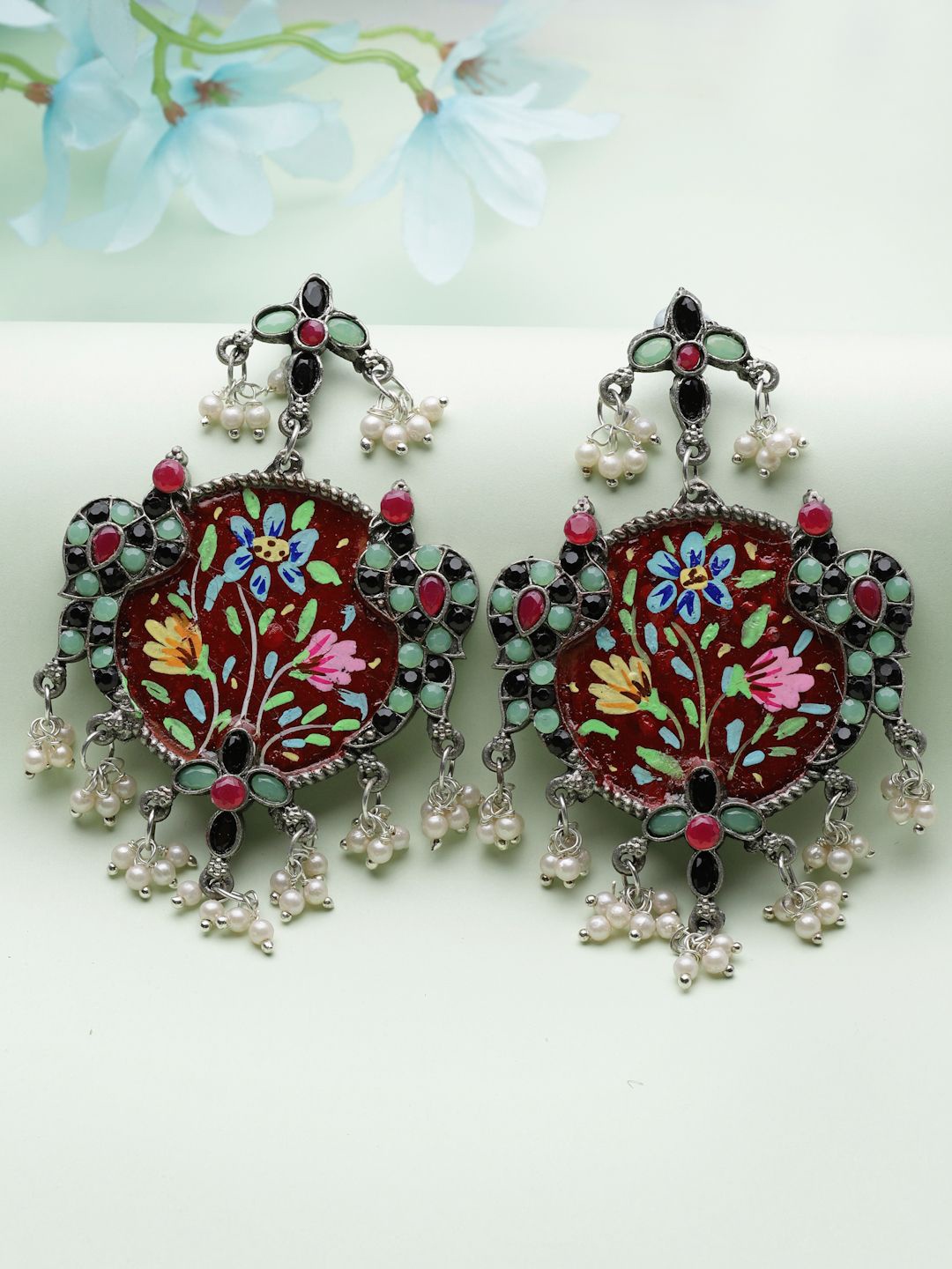 

Moedbuille Silver-Plated Crystals Studded & Beaded Contemporary Drop Earrings