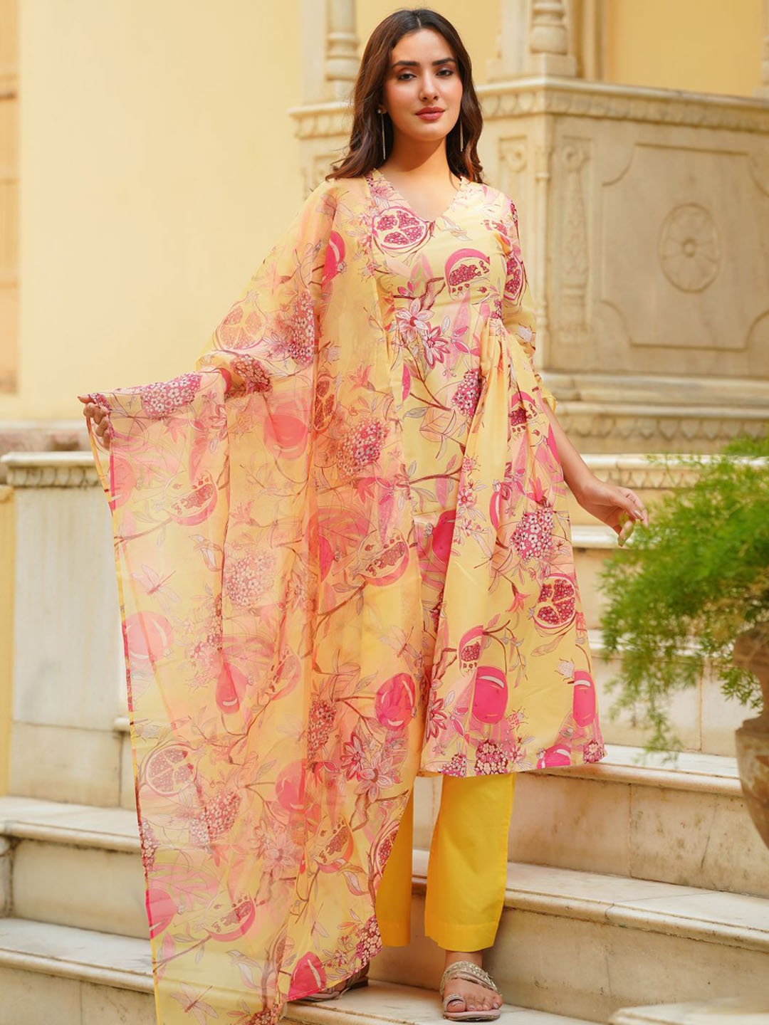 

Ambraee Floral Printed Anarkali Kurta with Trousers & Dupatta, Yellow