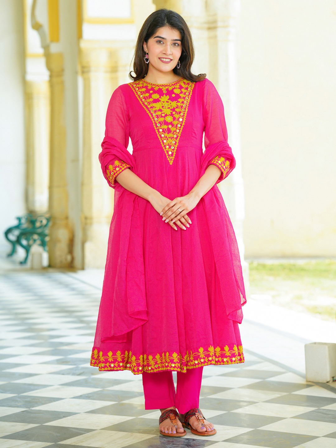 

Ambraee Floral Yoke Design Anarkali Mirror Work Kurta with Trousers & Dupatta, Pink