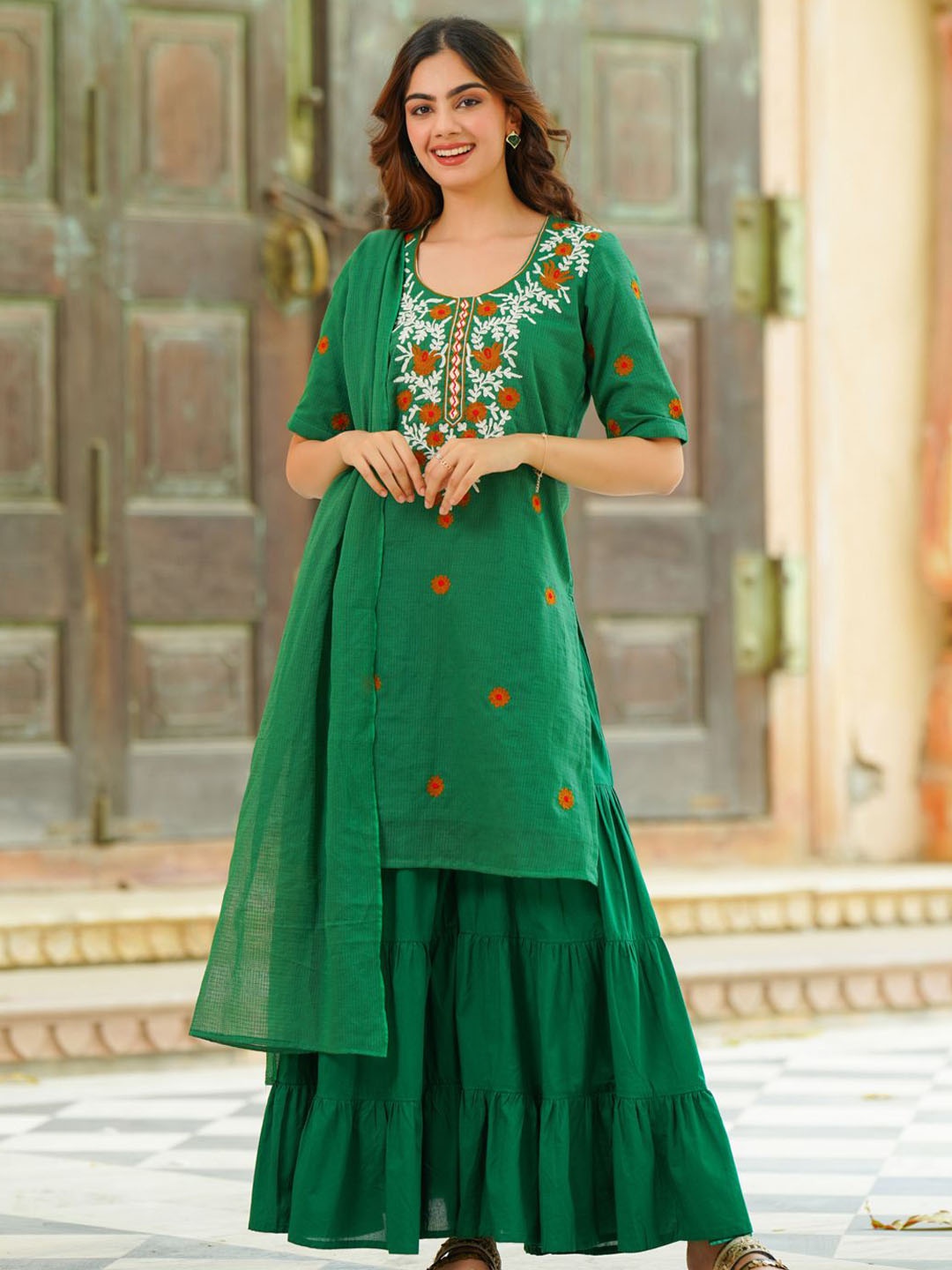 

Ambraee Floral Embroidered Regular Thread Work Kurta with Sharara & Dupatta, Green