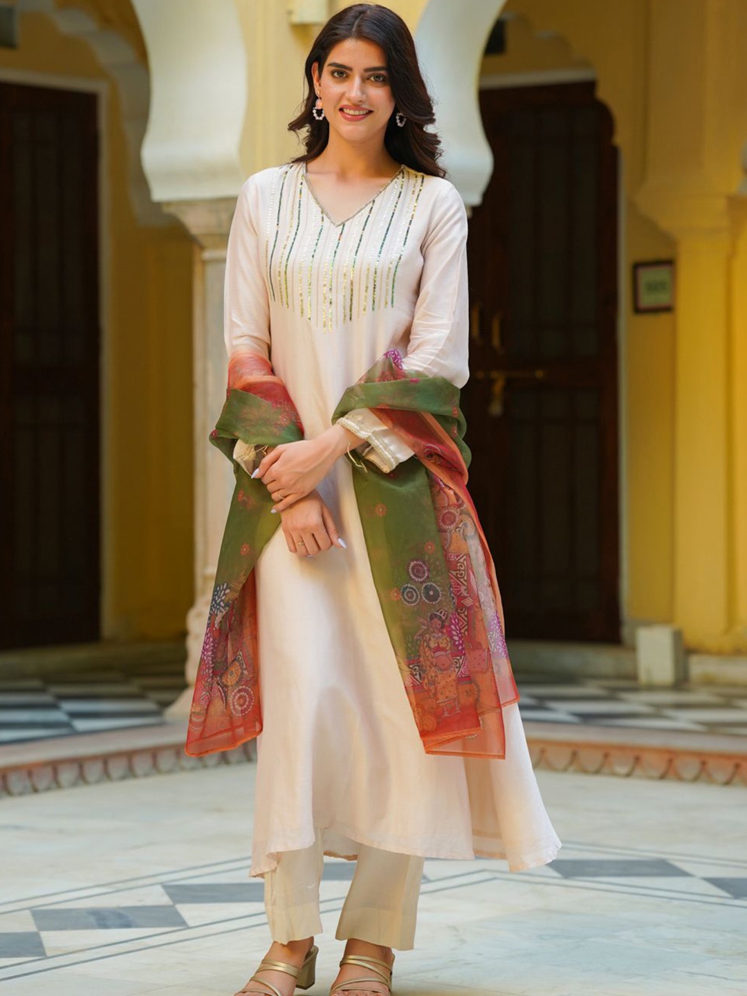 

Ambraee Striped Yoke Design V-Neck Chanderi Cotton A-Line Kurta With Trousers & Dupatta, Beige