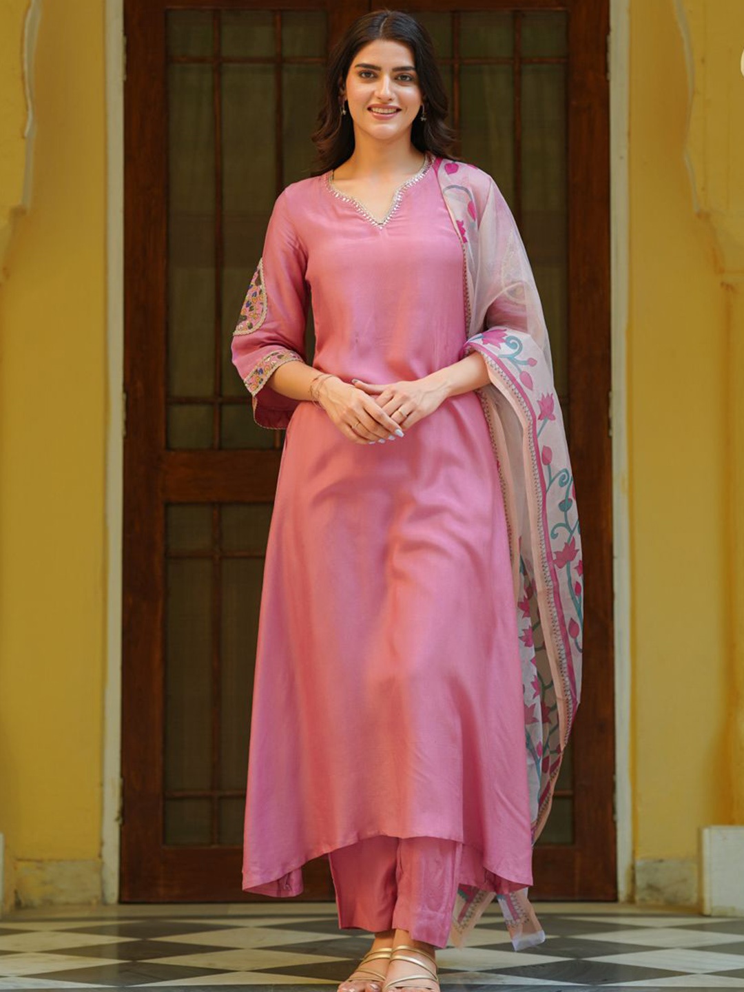 

Ambraee Mirror Work A-Line Kurta With Trousers & Dupatta, Pink