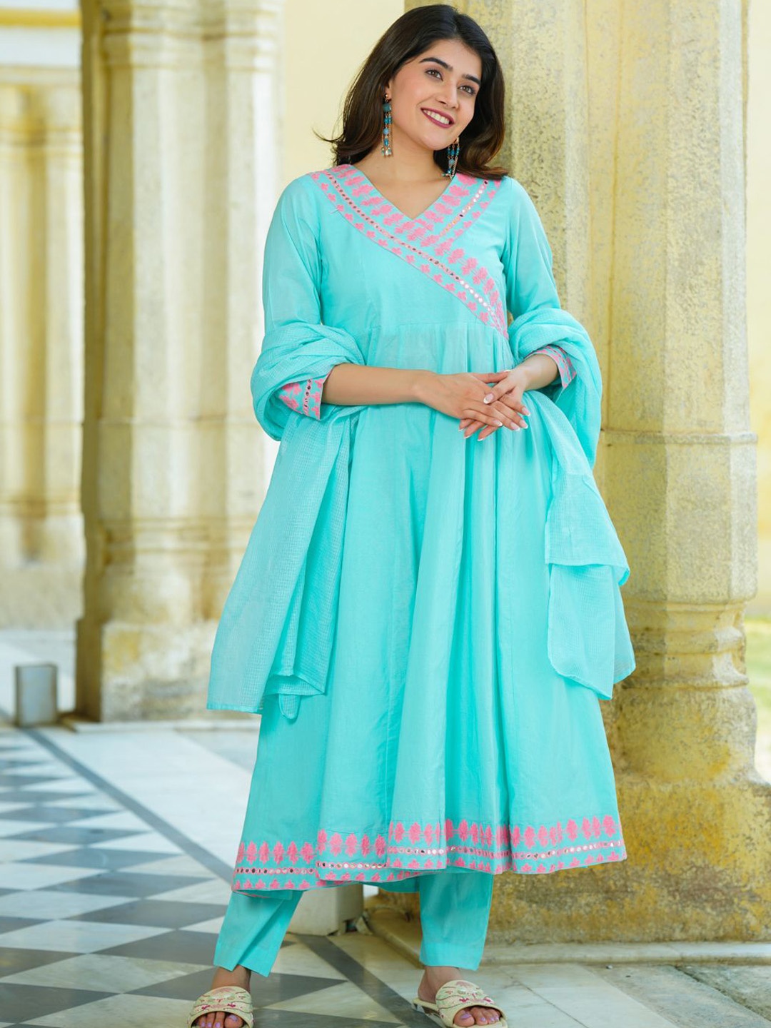 

Ambraee Anarkali Mirror Work Kurta with Trousers & Dupatta, Blue