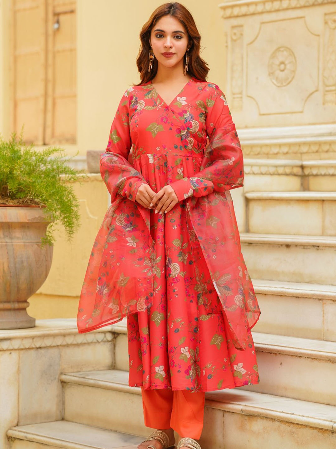 

Ambraee Floral Printed V-Neck Angrakha Anarkali Kurta With Trousers & Dupatta, Red