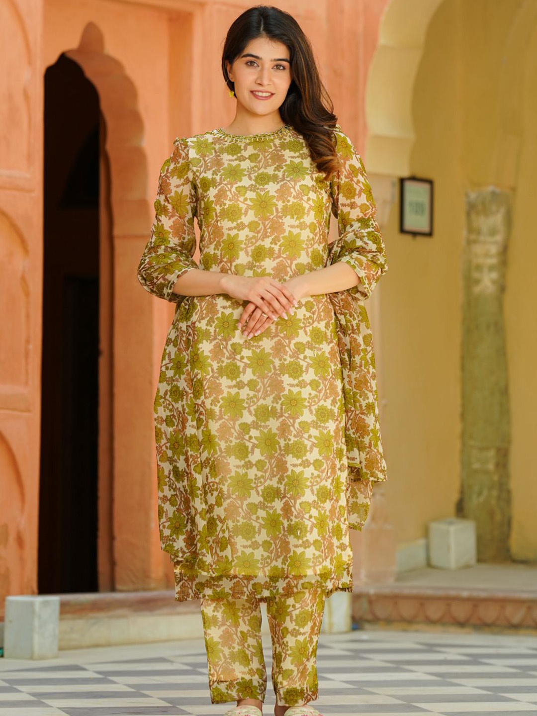 

Ambraee Floral Printed Silk Chiffon Straight Kurta With Trousers & Dupatta, Off white