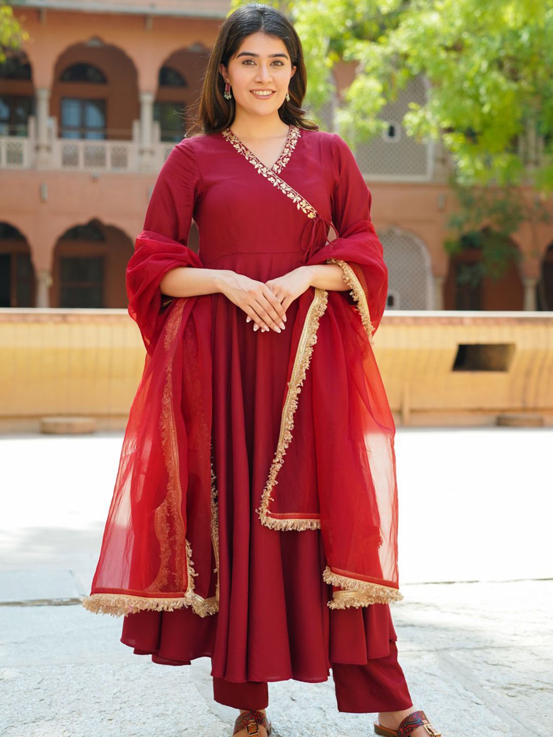 

Ambraee Angrakha Kurta with Trousers & Dupatta, Maroon