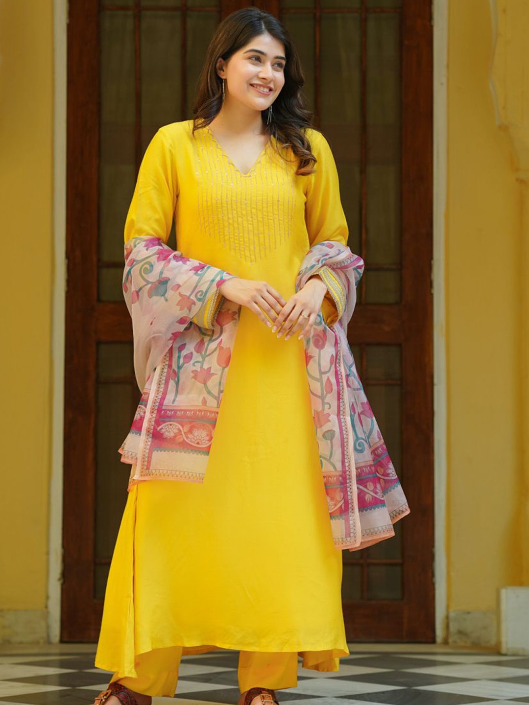 

Ambraee Straight Sequinned Kurta with Trousers & Dupatta, Yellow