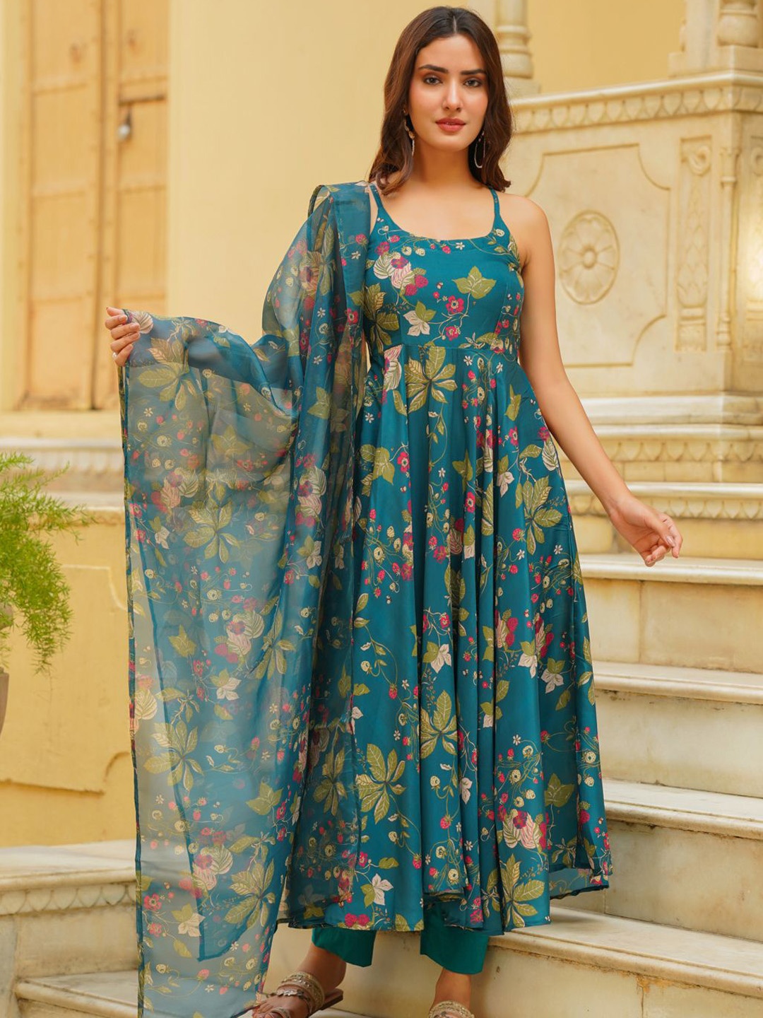 

Ambraee Floral Printed Anarkali Kurta with Trousers & Dupatta, Green