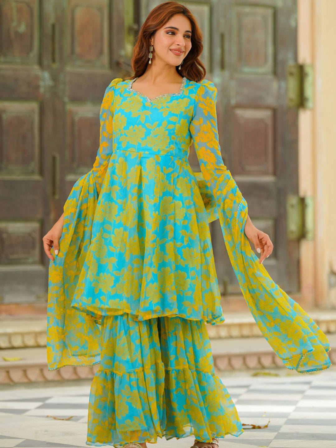 

Ambraee Floral Printed A-Line Silk Chiffon Kurta with Sharara & Dupatta, Blue