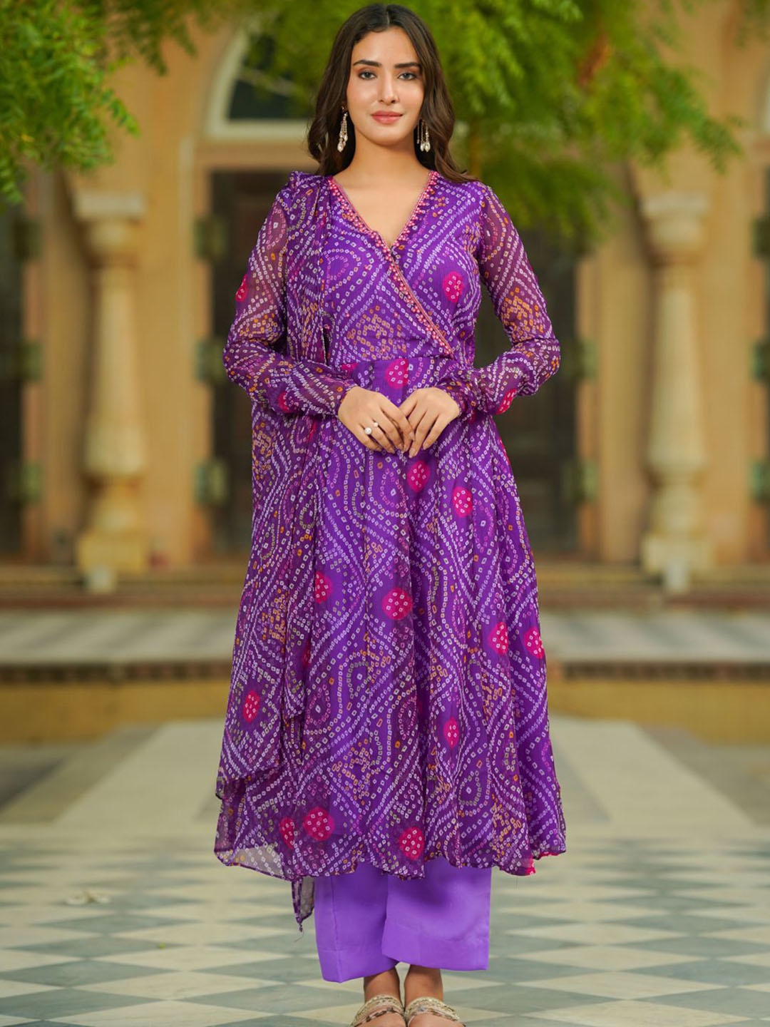 

Ambraee Bandhani Printed Angrakha Silk Chiffon Kurta with Trousers & Dupatta, Purple