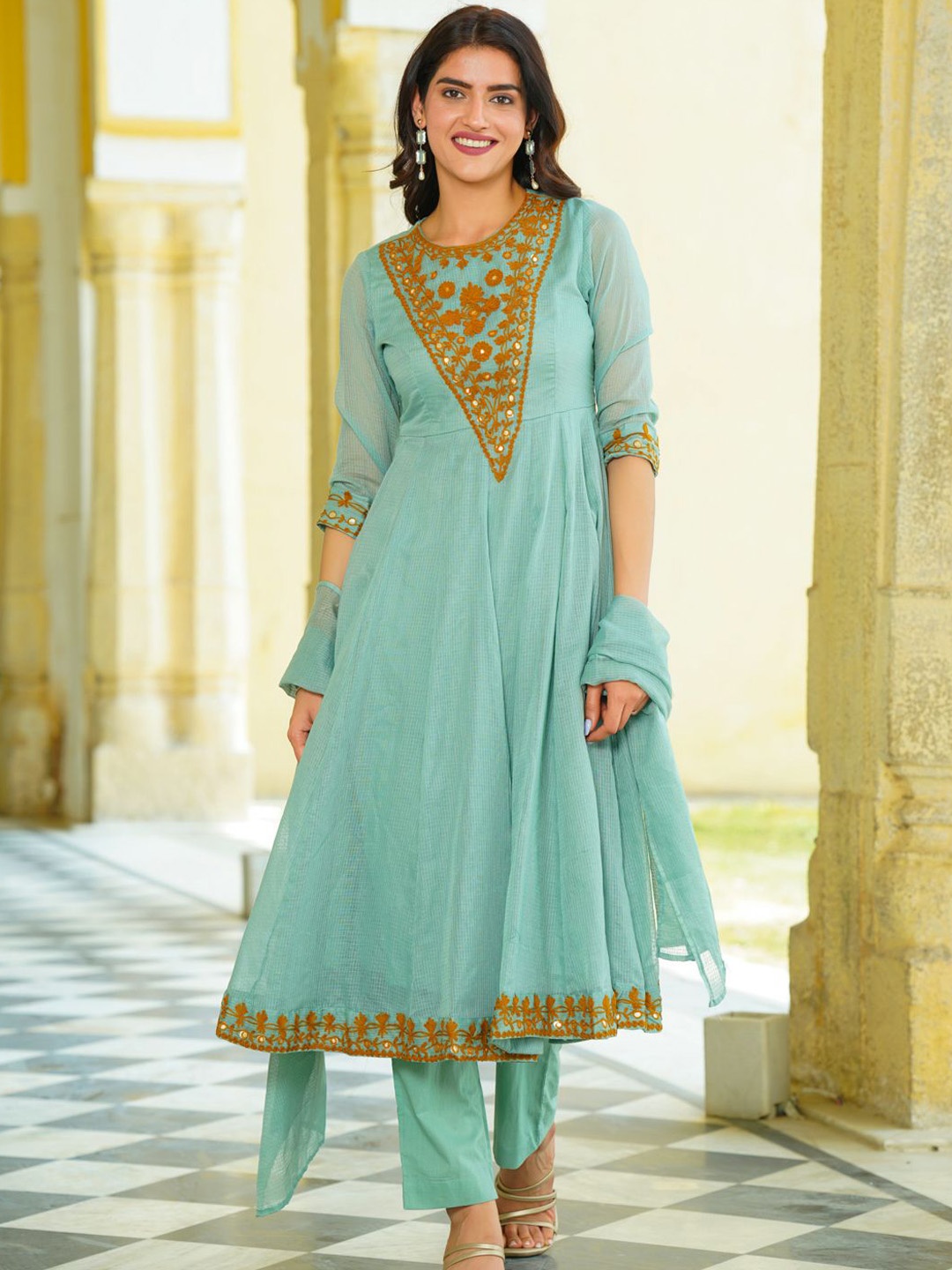 

Ambraee Floral Embroidered Aari Work Anarkali Kurta With Trousers & Dupatta, Green