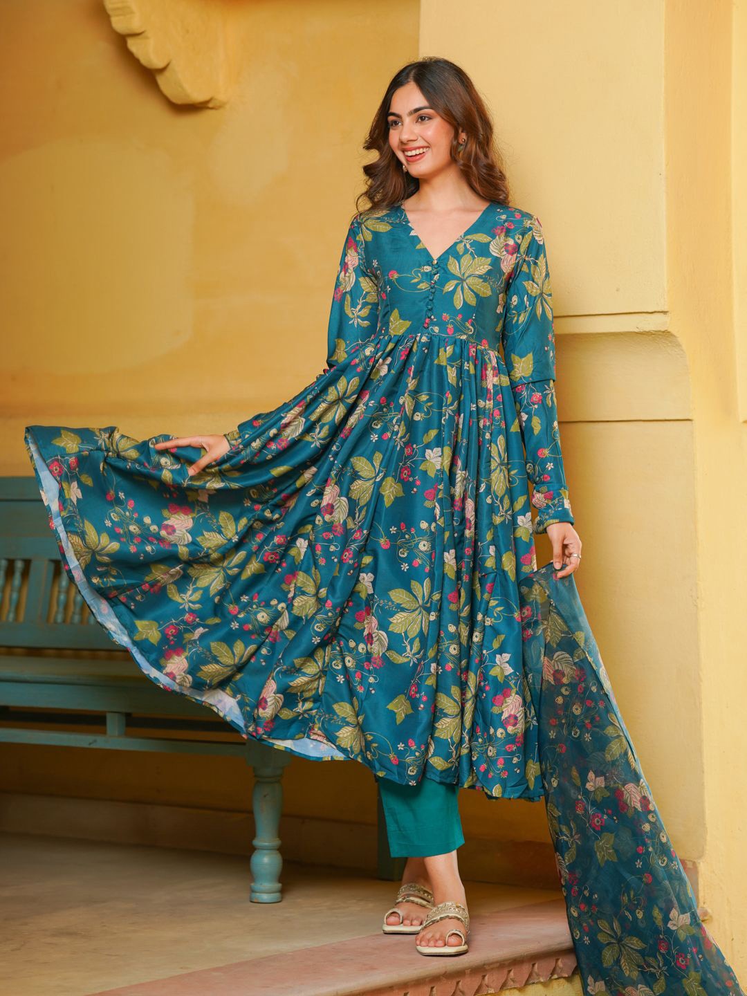 

Ambraee Floral Printed Anarkali Kurta with Trousers & Dupatta, Green