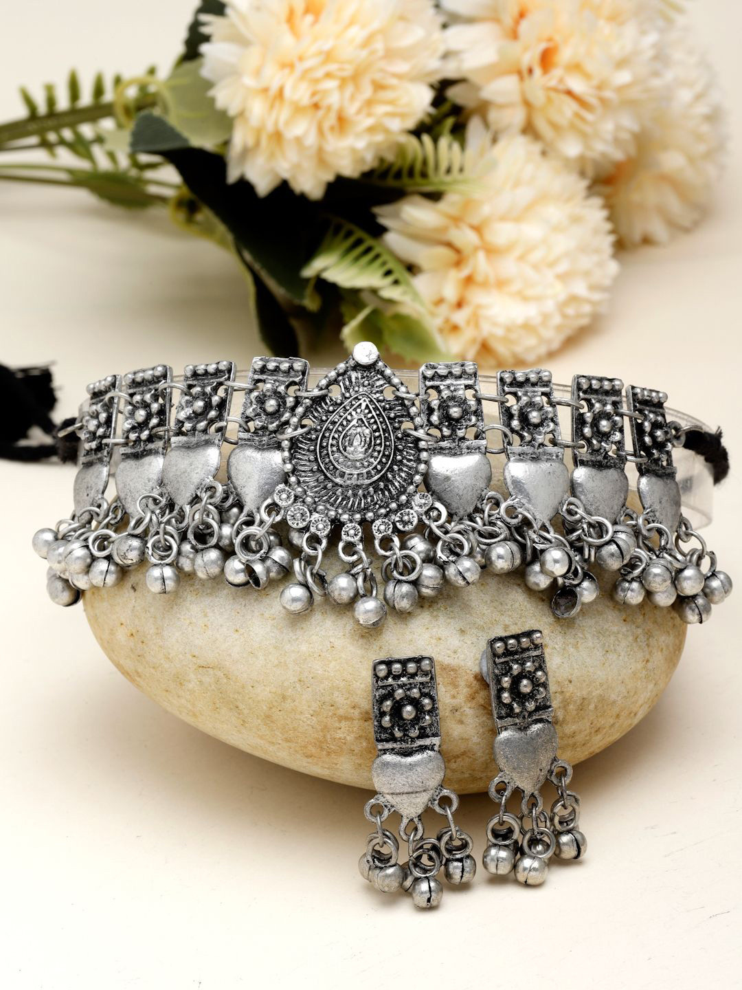 

Moedbuille Silver-Plated Ghungroo Studded Antique Jewellery Set