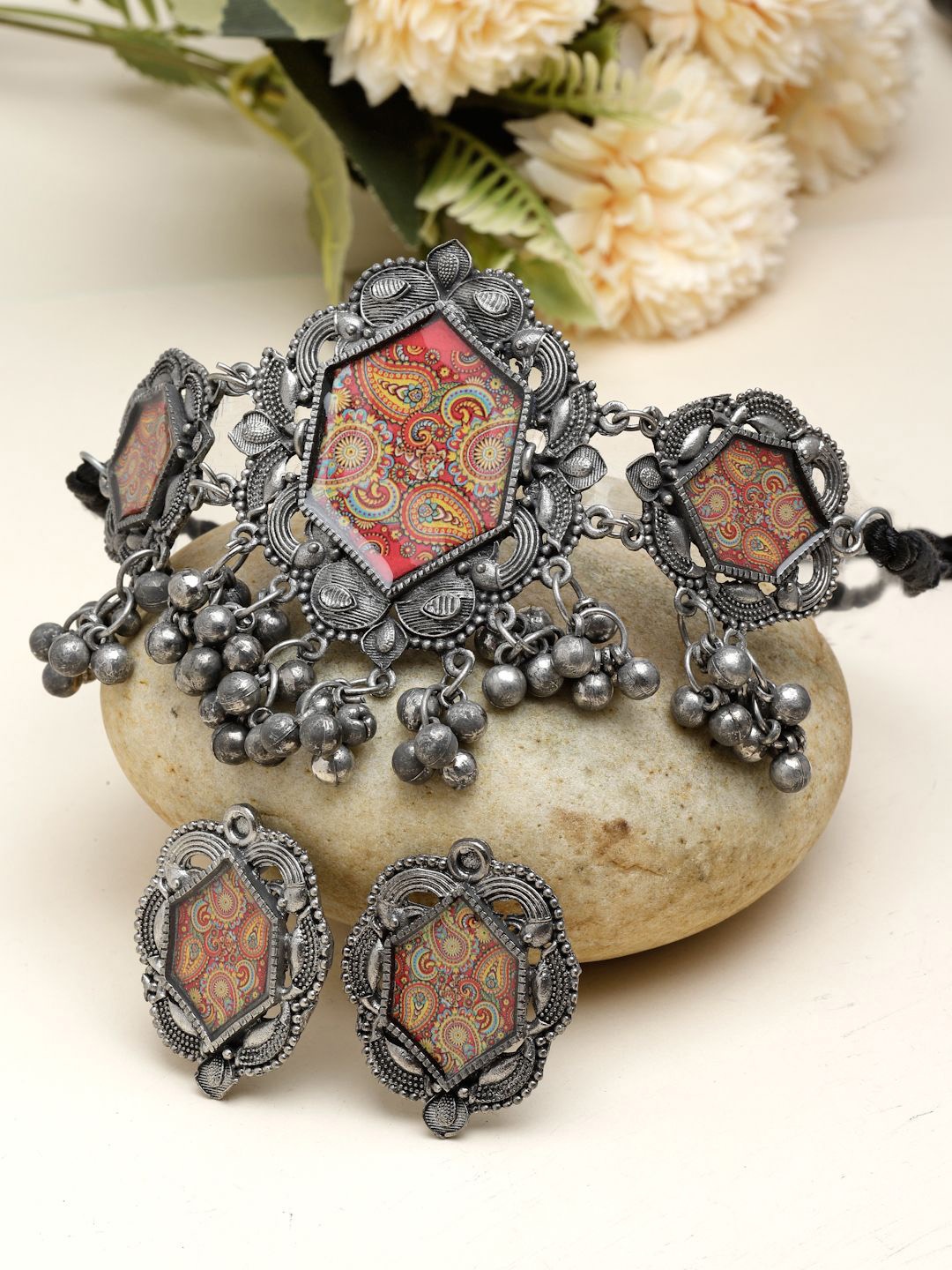 

Moedbuille Silver-Plated Ghungroo Studded Oxidised Jewellery Set