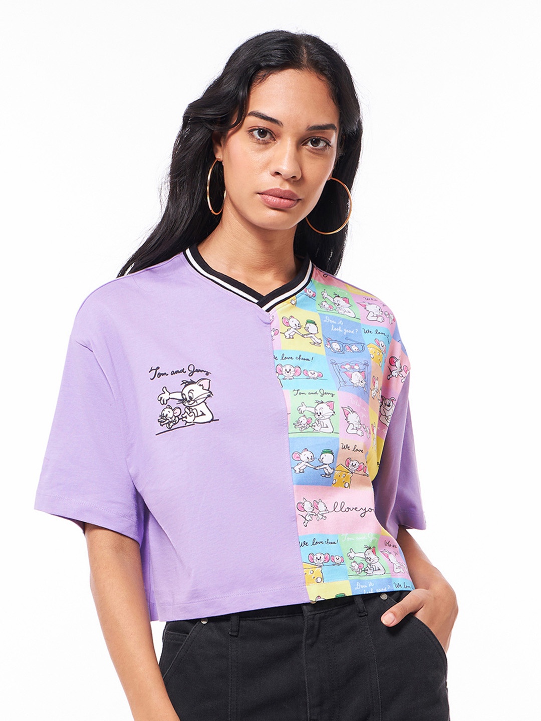 

Bewakoof Official Women Tom & Jerry Graphic Printed Pure Cotton Oversized Crop T-shirt, Purple