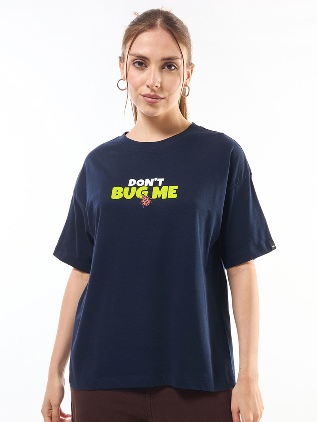

Bewakoof Women Don't Bug Me Graphic Printed Pure Cotton Oversized T-shirt, Navy blue