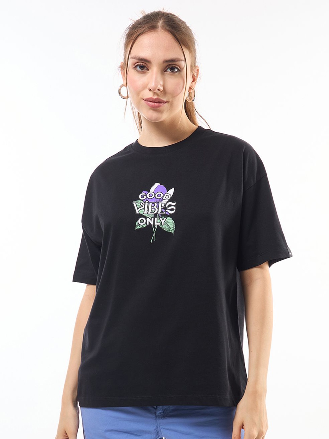 

Bewakoof Women Graphic Printed Pure Cotton Oversized T-shirt, Black