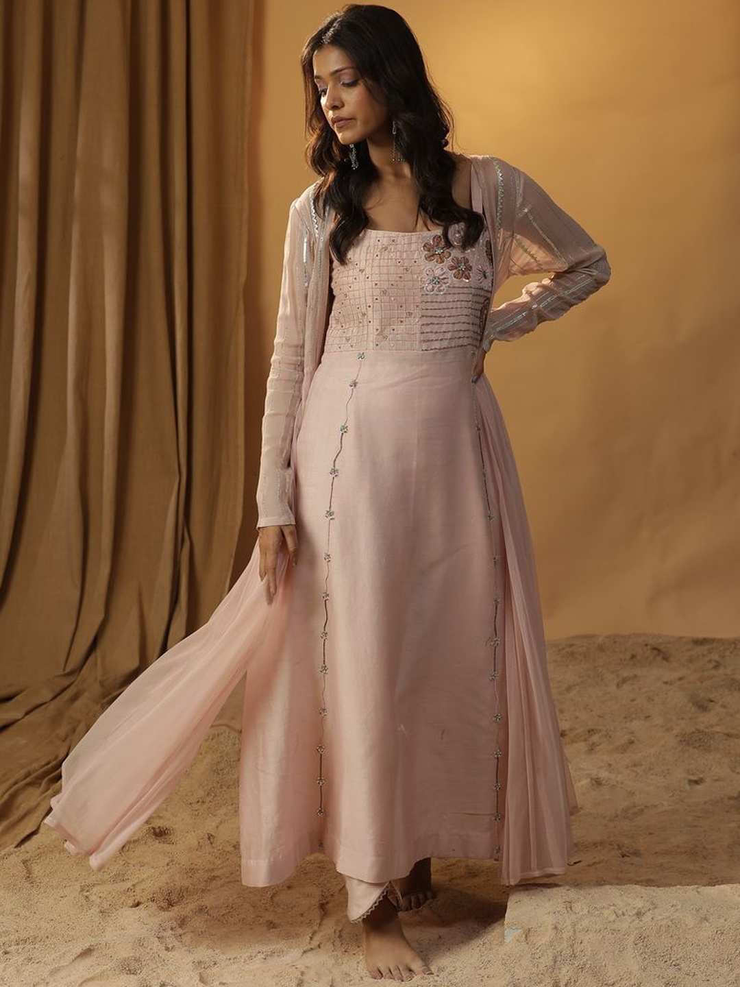 

ARPITA SULAKSHANA Plus Size Yoke Design Chanderi Silk A-Line Kurta With Trousers & Jacket, Pink