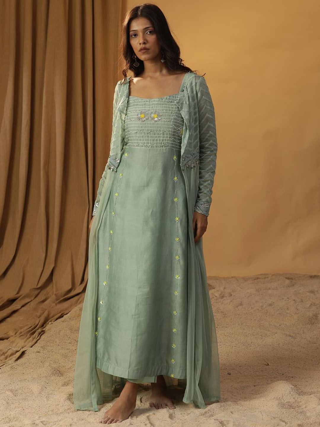 

ARPITA SULAKSHANA Embellished Ethnic Dress With Trousers & Shrug, Sea green