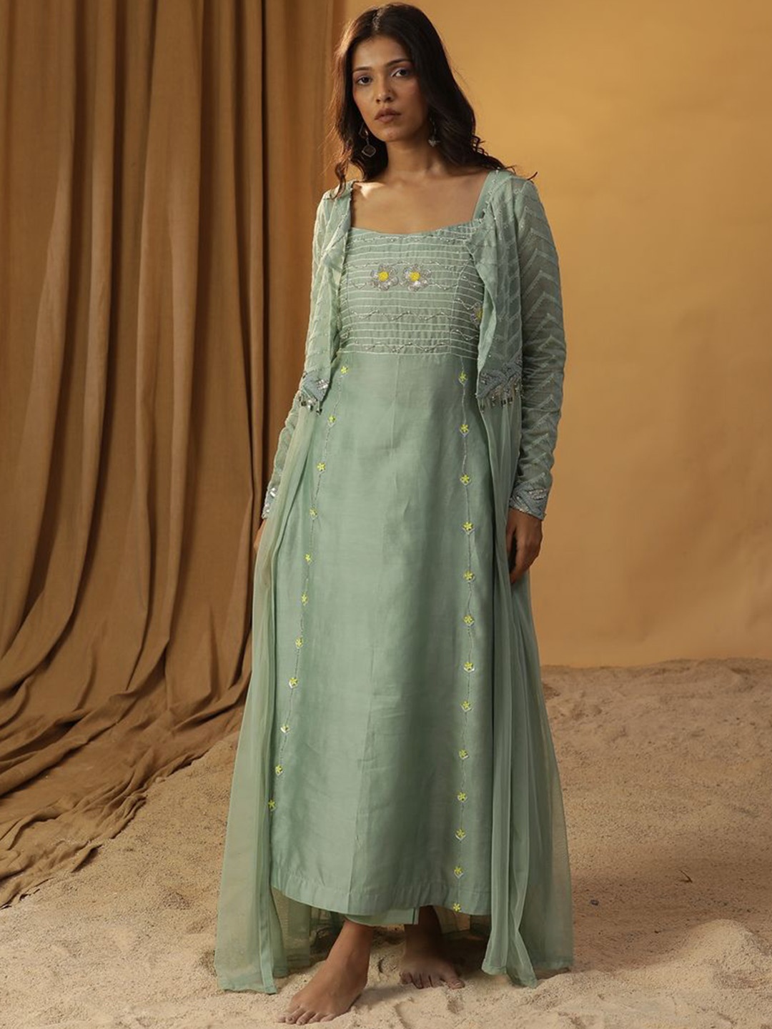 

ARPITA SULAKSHANA Floral Embroidered Straight Kurta With Trouser & Jacket, Sea green