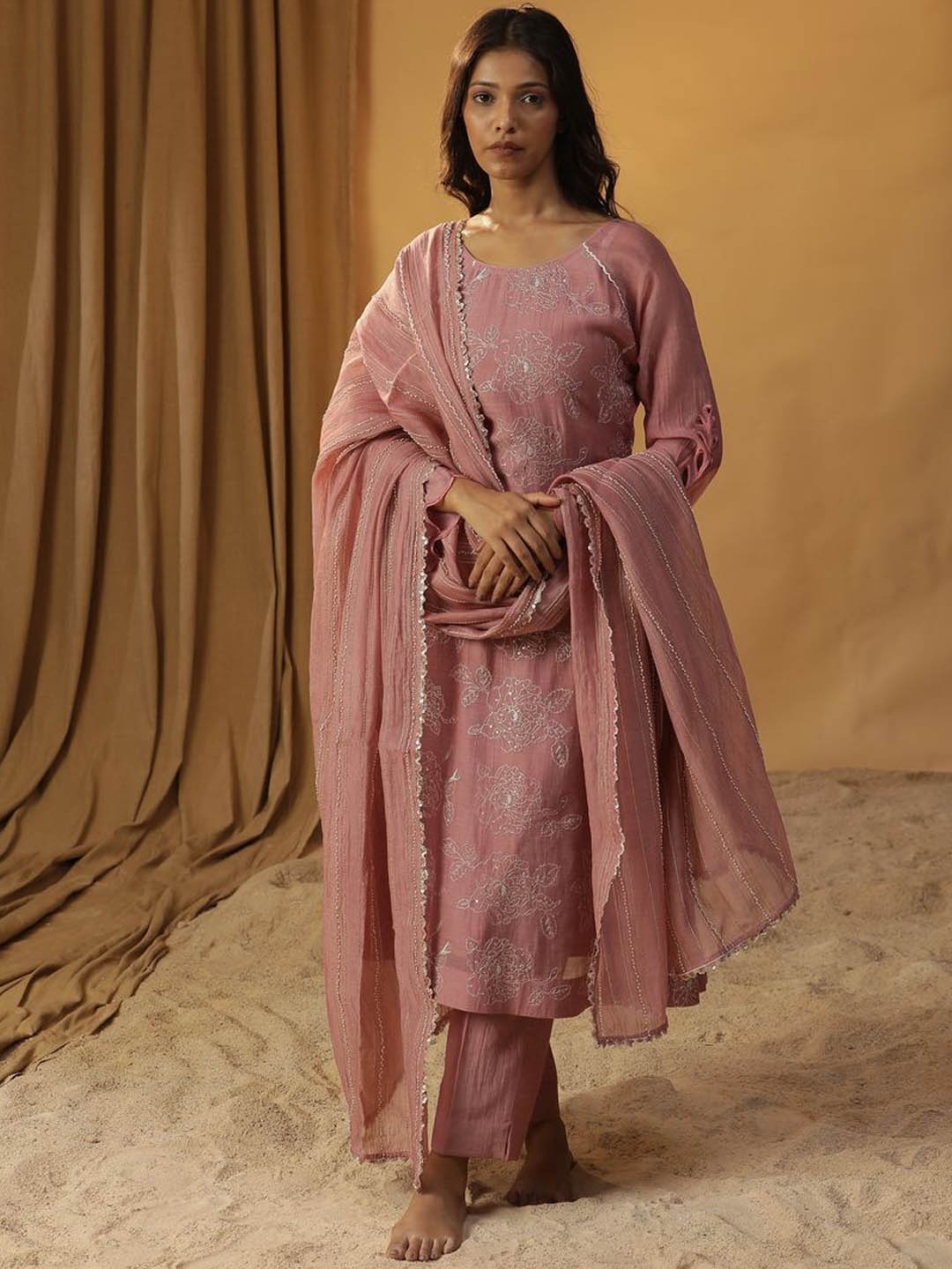 

ARPITA SULAKSHANA Floral Embroidered Chanderi Silk A Line Kurta & Trousers With Dupatta, Fuchsia